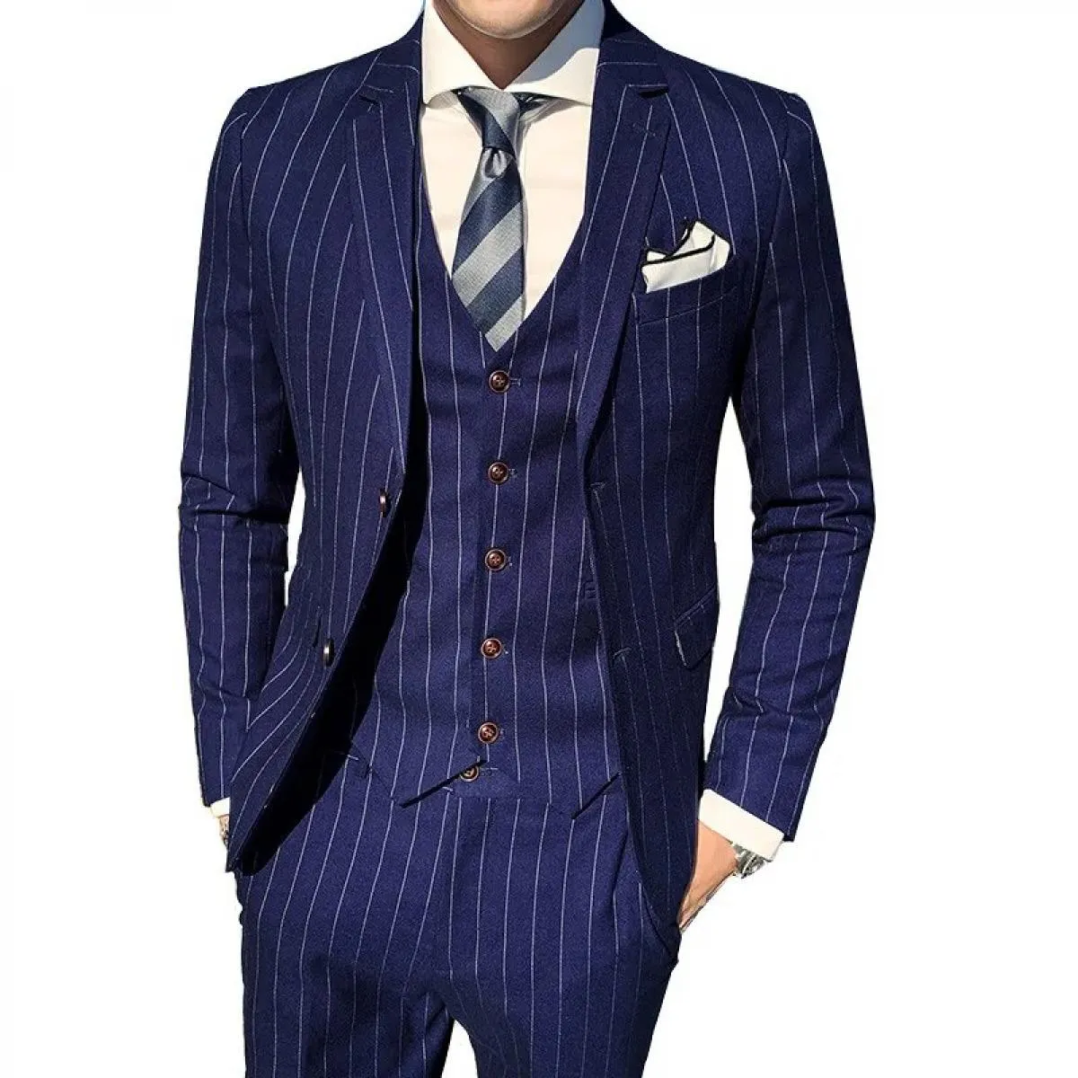 3 pezzi giacca pantaloni gilet completo / gentleman slim fit blazer a righe cappotto pantaloni vita abito da sposa maschile test