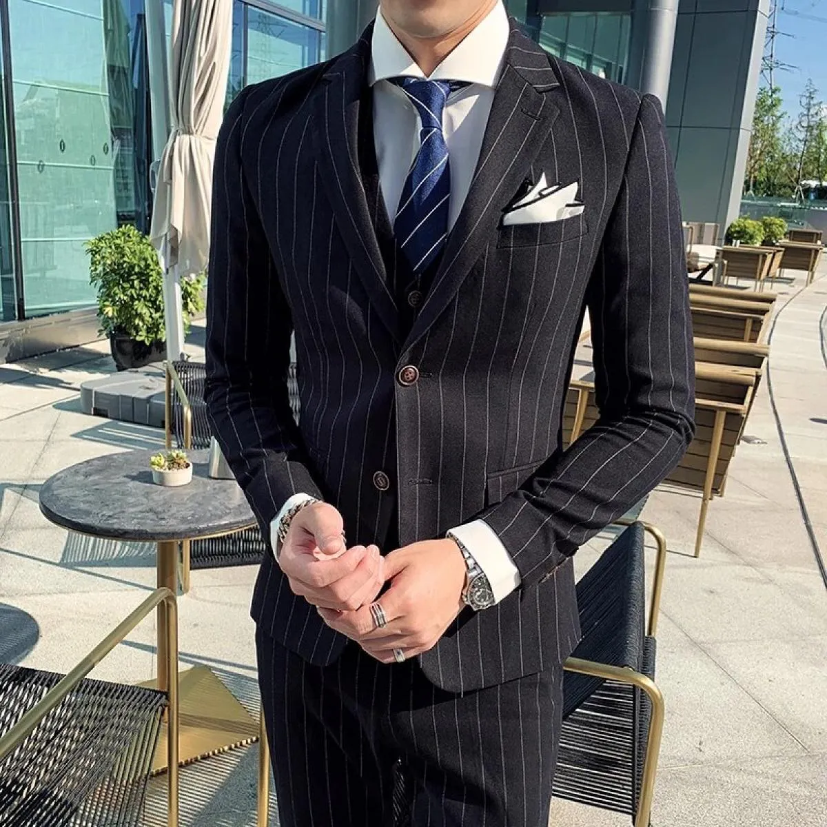 3 pezzi giacca pantaloni gilet completo / gentleman slim fit blazer a righe cappotto pantaloni vita abito da sposa maschile test