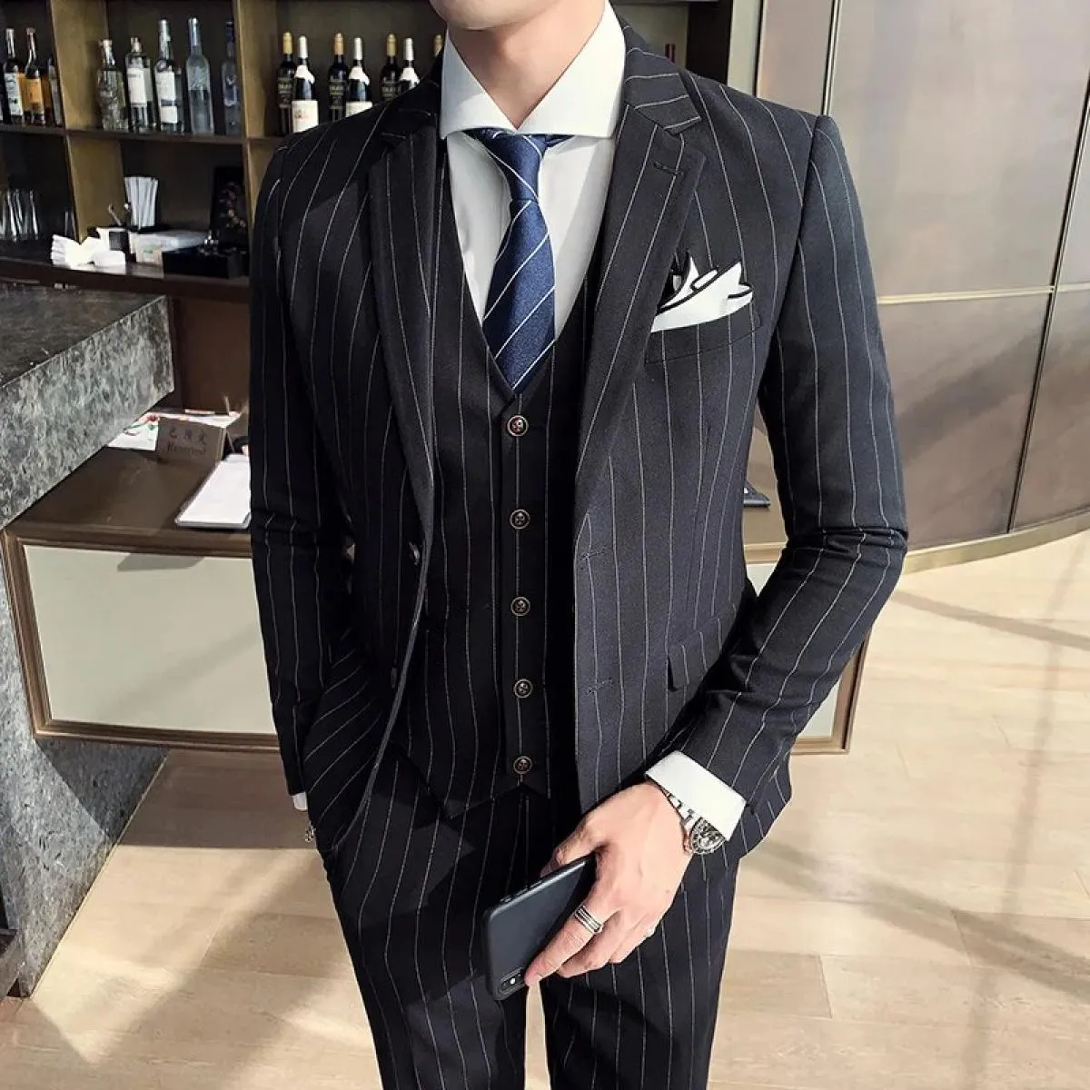 3 pezzi giacca pantaloni gilet completo / gentleman slim fit blazer a righe cappotto pantaloni vita abito da sposa maschile test