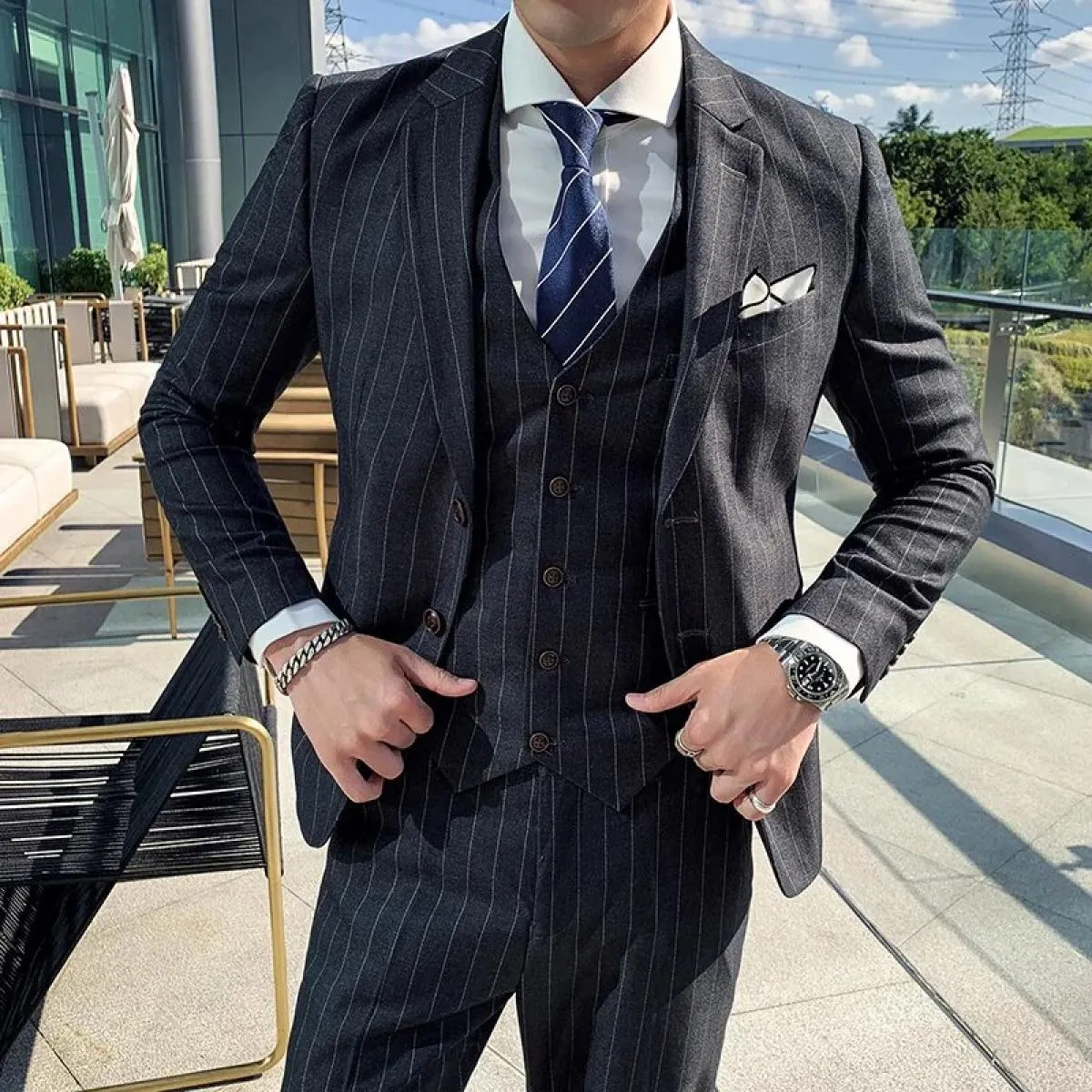 3 pezzi giacca pantaloni gilet completo / gentleman slim fit blazer a righe cappotto pantaloni vita abito da sposa maschile test