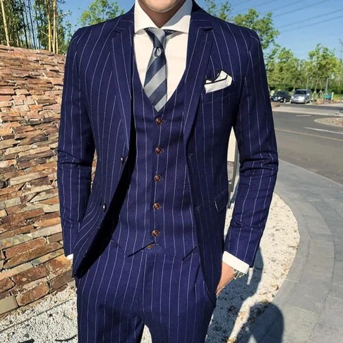 3 pezzi giacca pantaloni gilet completo / gentleman slim fit blazer a righe cappotto pantaloni vita abito da sposa maschile test