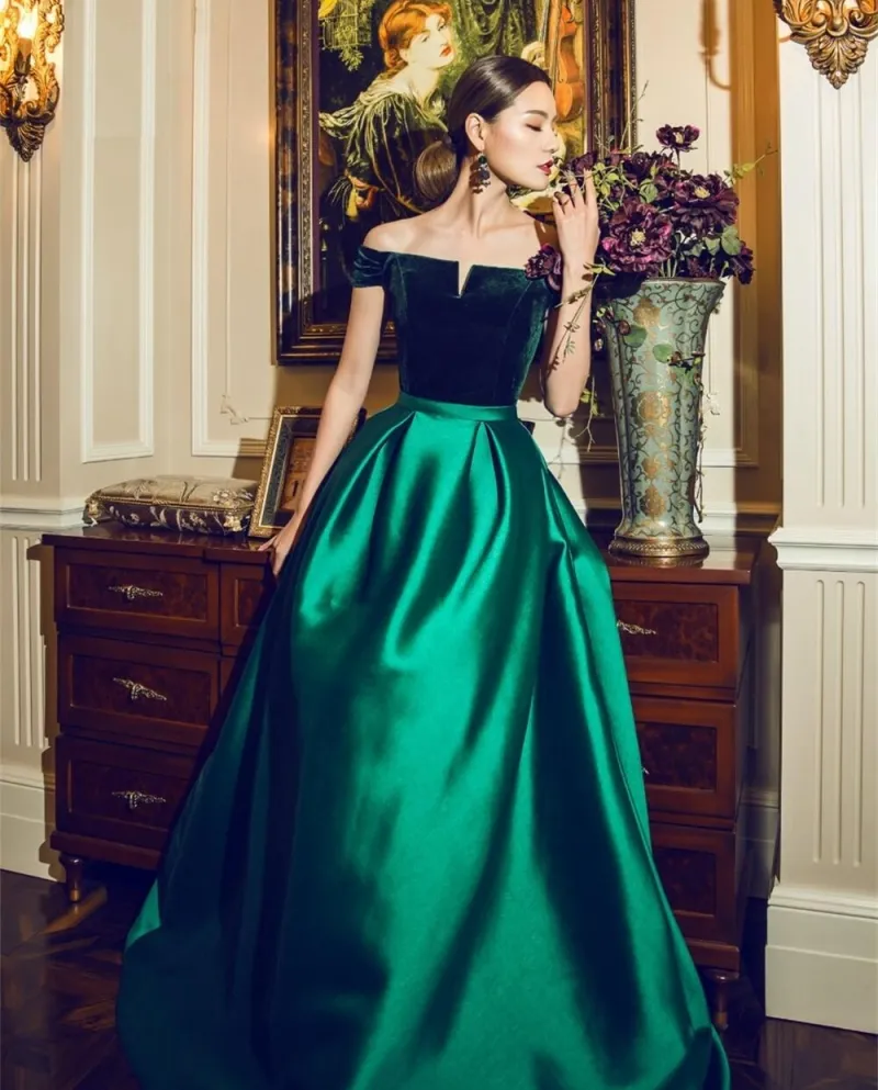 888elegante Off The Shoulder Velluto Vintage Piano Lunghezza scollo a barca Senza spalline Classico squisito abito da sera da d