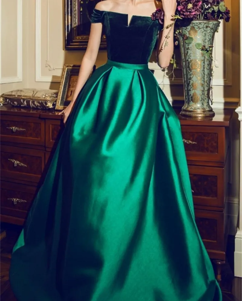 888elegante Off The Shoulder Velluto Vintage Piano Lunghezza scollo a barca Senza spalline Classico squisito abito da sera da d