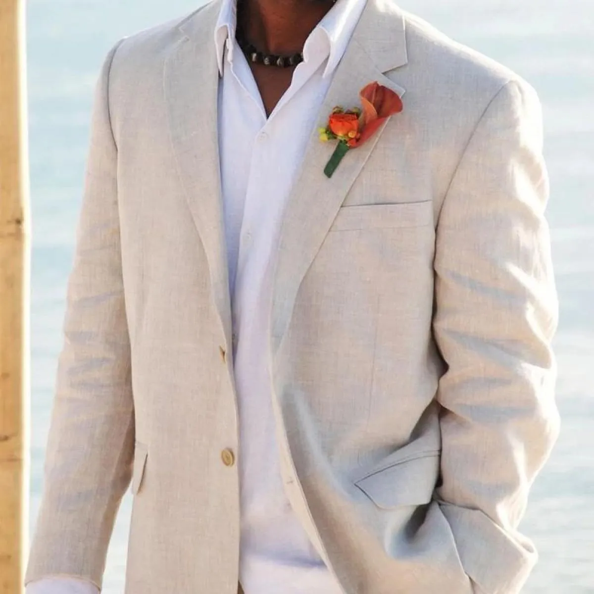Abiti da uomo in lino beige per matrimonio estivo sulla spiaggia 2 pezzi Cappotto italiano Giacca con pantaloni Smoking da sposo