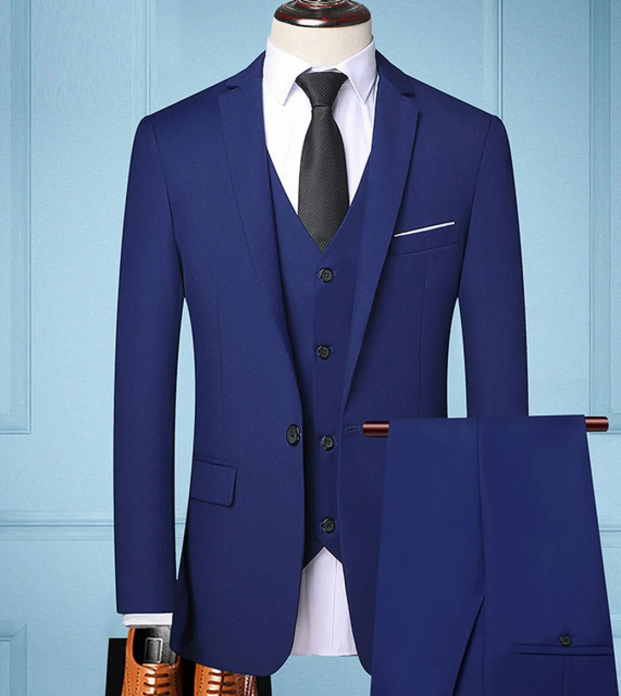 Abiti da uomo Set da 3 pezzi Uomo daffari Matrimonio Sposo Abito formale Tinta unita Cappotto da giacca britannico sottile Pant