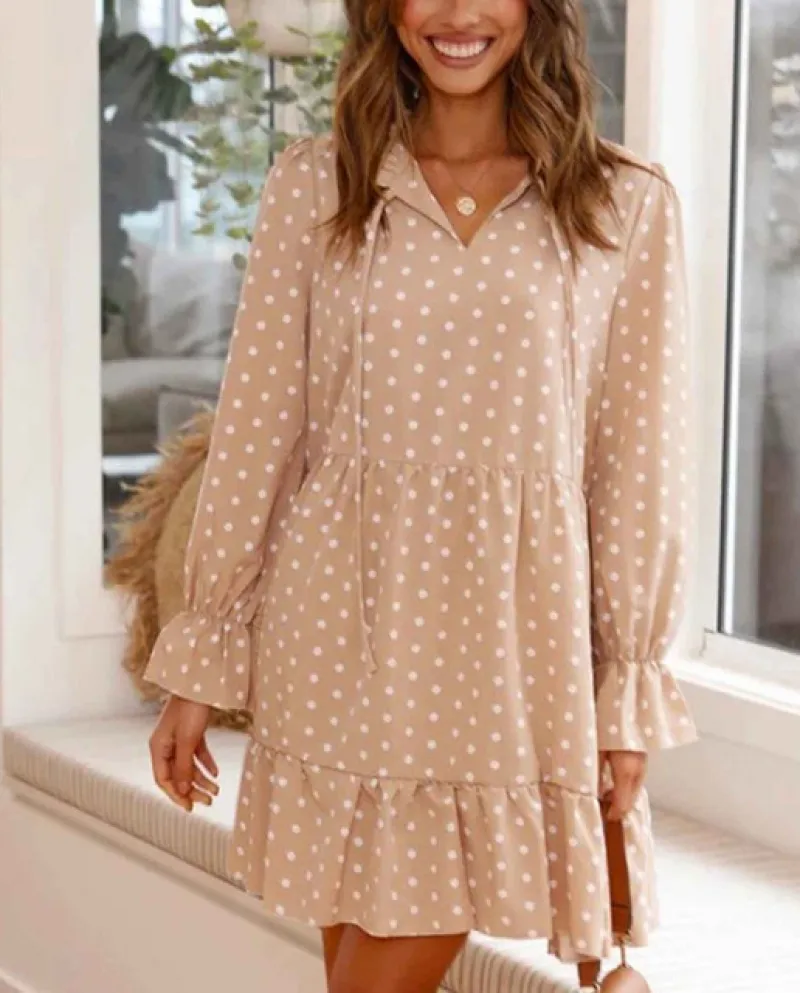Abito da sera casual allentato da donna Abito corto a maniche lunghe con scollo a V con volant a pois Abito corto a vita alta al