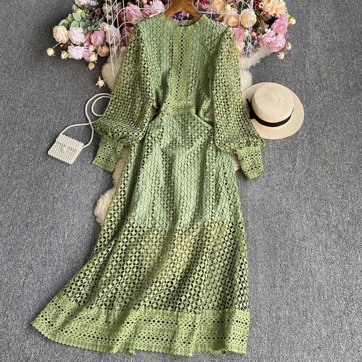 Abito lungo estivo traforato per le donne Bohemian Hollow Sheer Luxury Maxi Abiti femminili con maniche lunghe increspate Tarf N