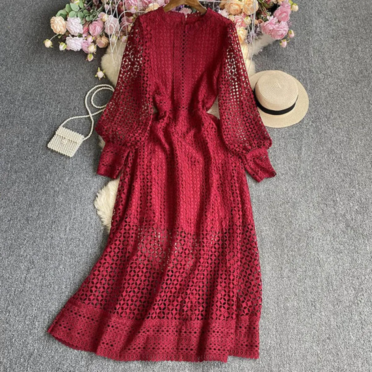 Abito lungo estivo traforato per le donne Bohemian Hollow Sheer Luxury Maxi Abiti femminili con maniche lunghe increspate Tarf N