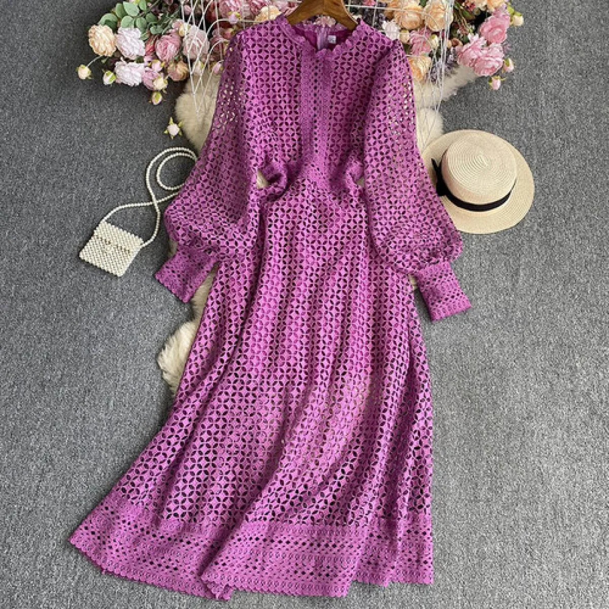 Abito lungo estivo traforato per le donne Bohemian Hollow Sheer Luxury Maxi Abiti femminili con maniche lunghe increspate Tarf N