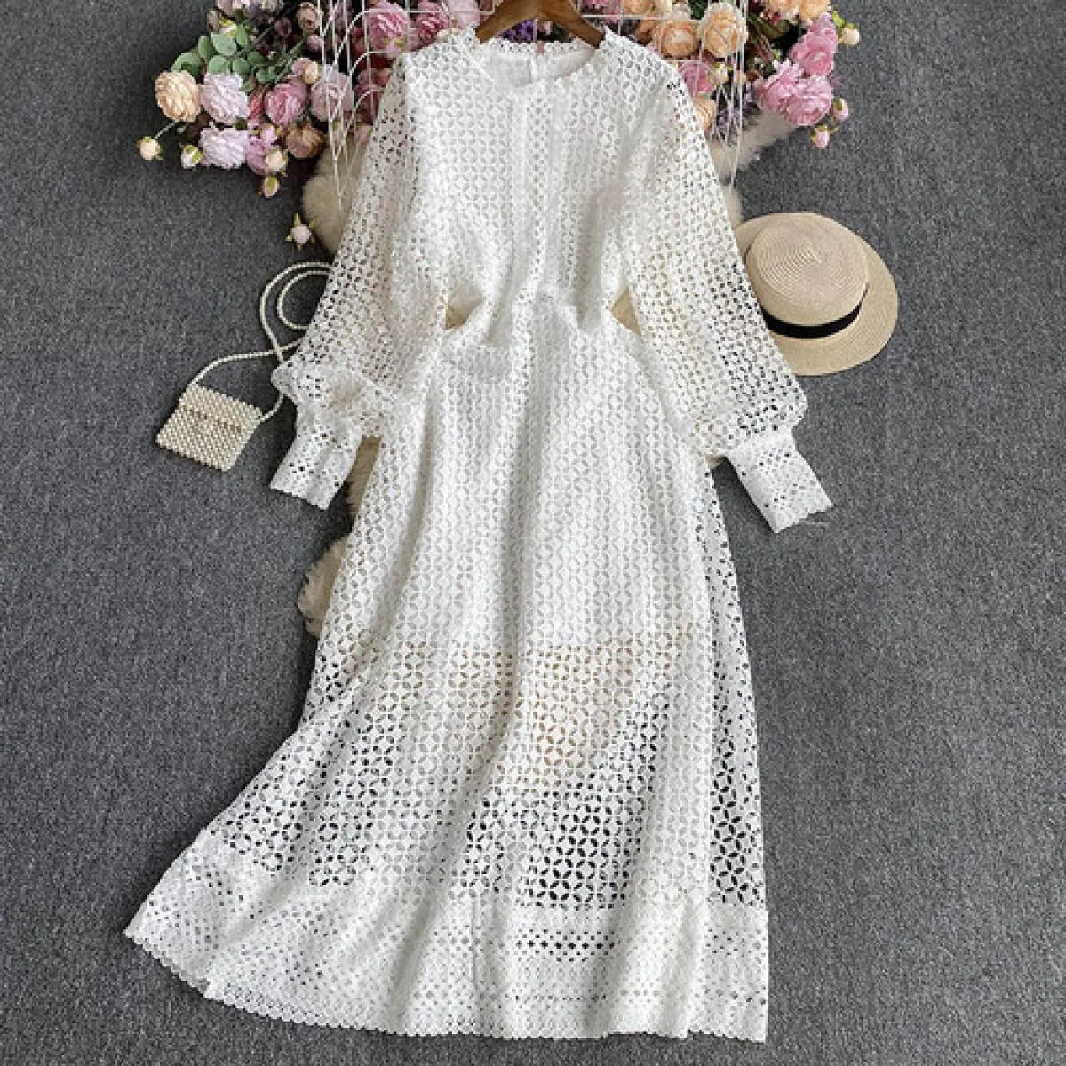 Abito lungo estivo traforato per le donne Bohemian Hollow Sheer Luxury Maxi Abiti femminili con maniche lunghe increspate Tarf N
