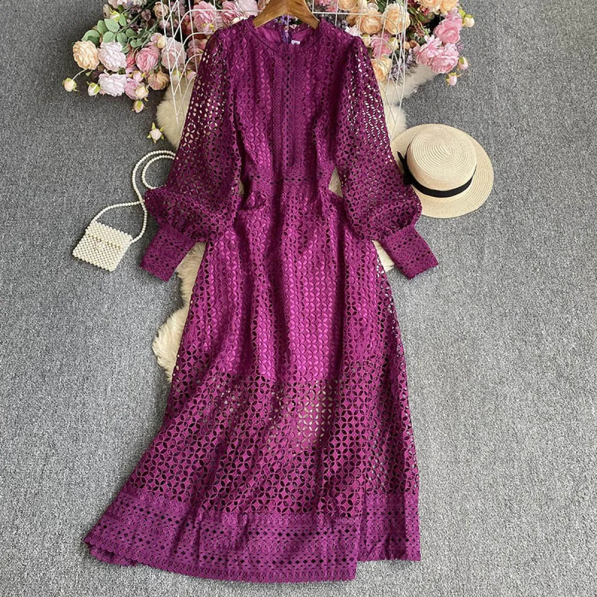 Abito lungo estivo traforato per le donne Bohemian Hollow Sheer Luxury Maxi Abiti femminili con maniche lunghe increspate Tarf N