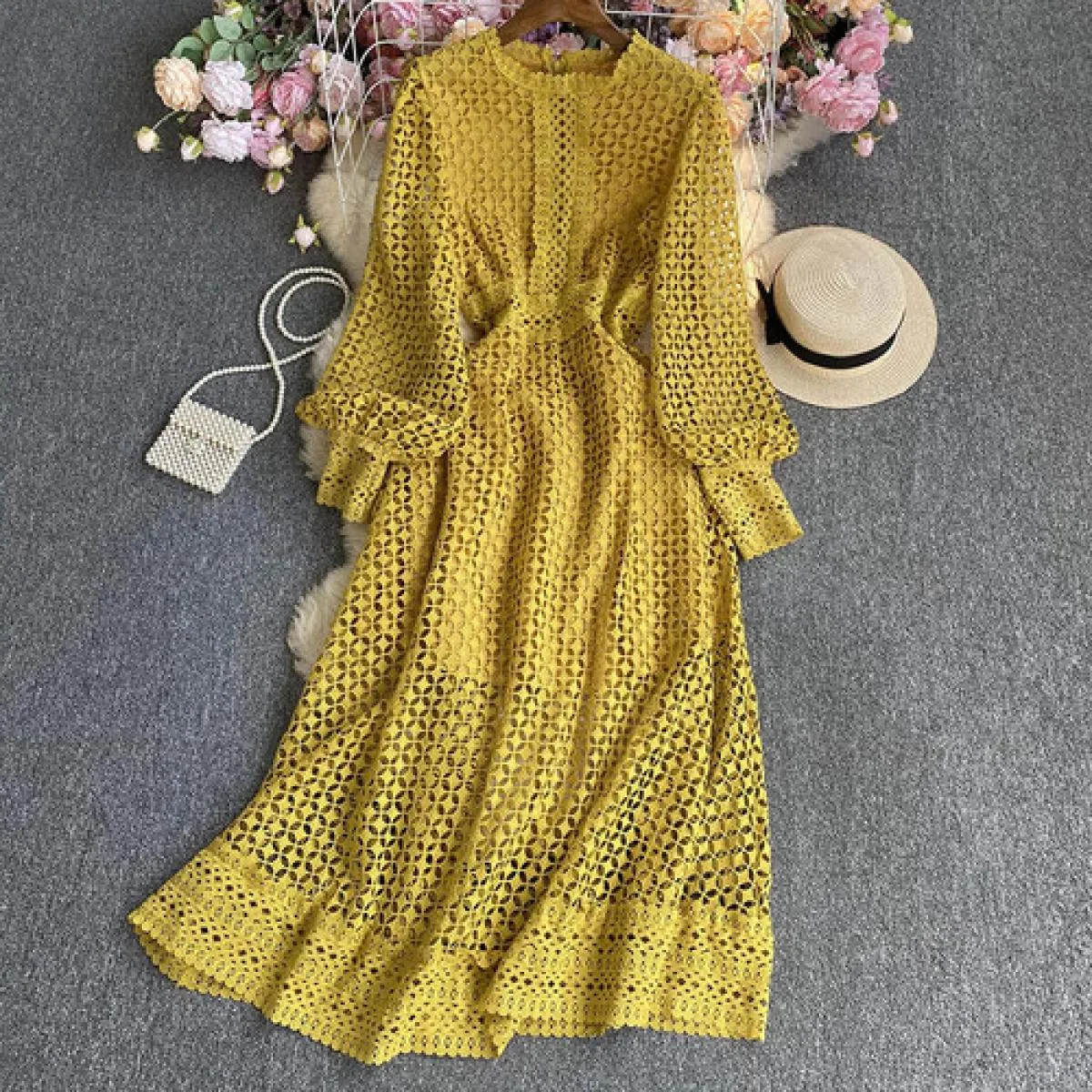 Abito lungo estivo traforato per le donne Bohemian Hollow Sheer Luxury Maxi Abiti femminili con maniche lunghe increspate Tarf N
