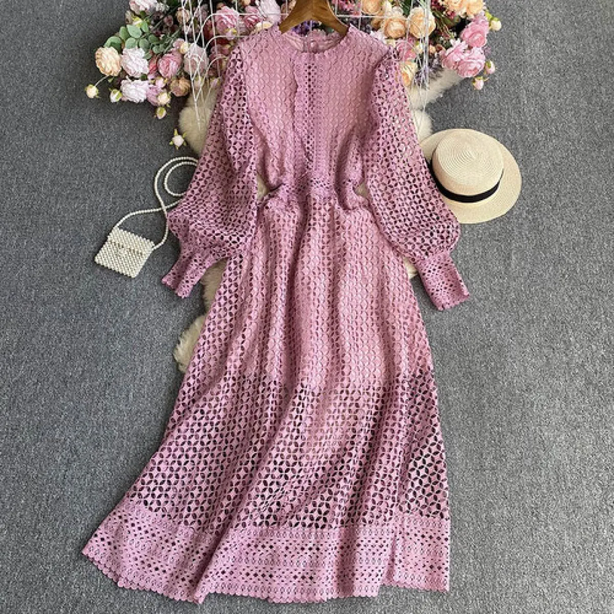 Abito lungo estivo traforato per le donne Bohemian Hollow Sheer Luxury Maxi Abiti femminili con maniche lunghe increspate Tarf N