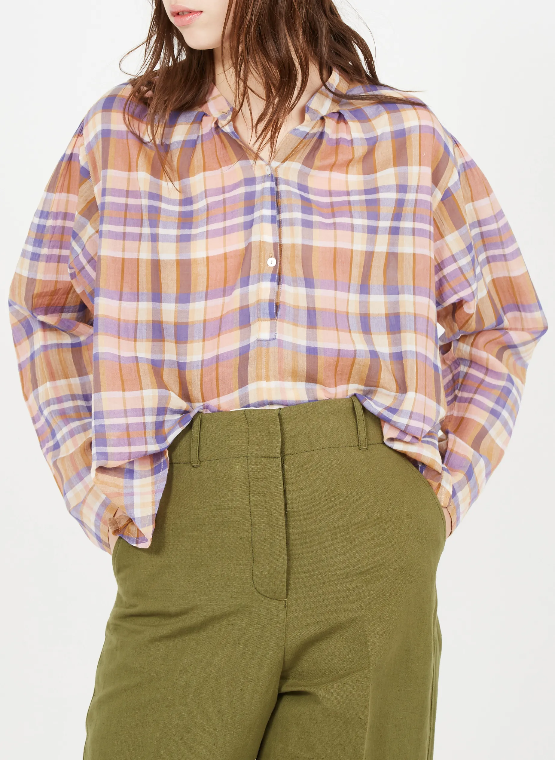  ATTIC AND BARN   GAIA - Top a quadri con collo serafino in voile di cotone | Multicolore