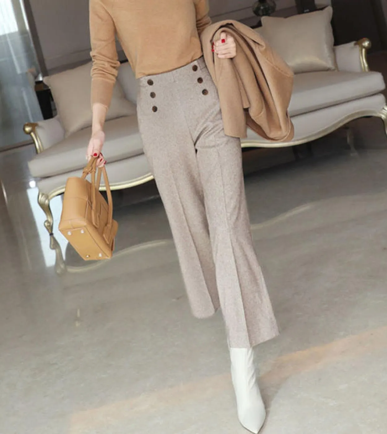Autunno Inverno New Fashion Donna Vita alta Ol Gessato di lana Pantaloni a gamba larga Tutti abbinati Pantaloni casual alla cavi