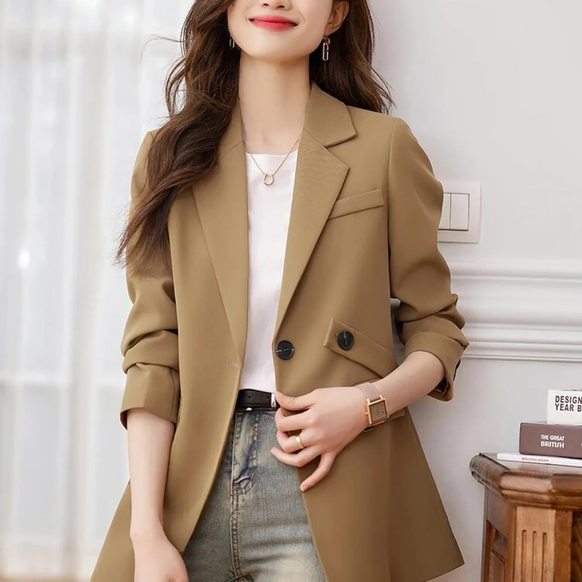 Blazer casual da donna alla moda Cappotto rosa caffè nero femminile manica lunga bottone singolo blazer da donna allentati