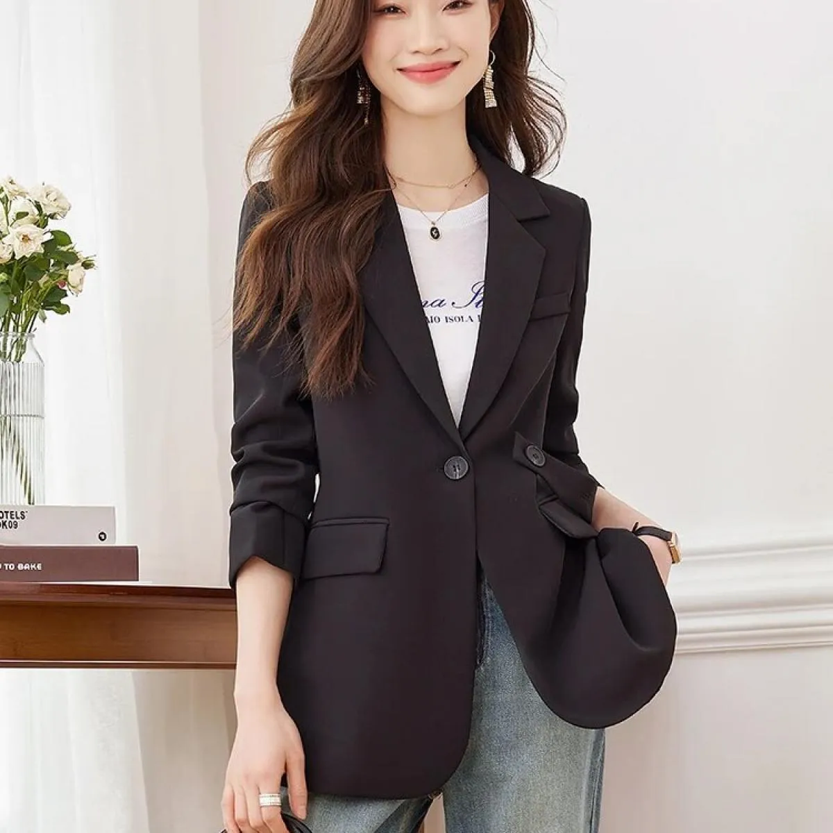 Blazer casual da donna alla moda Cappotto rosa caffè nero femminile manica lunga bottone singolo blazer da donna allentati