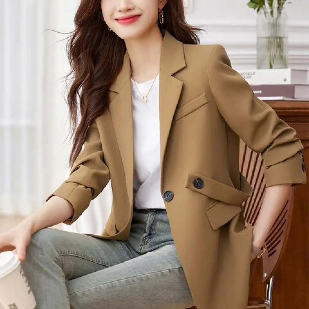 Blazer casual da donna alla moda Cappotto rosa caffè nero femminile manica lunga bottone singolo blazer da donna allentati