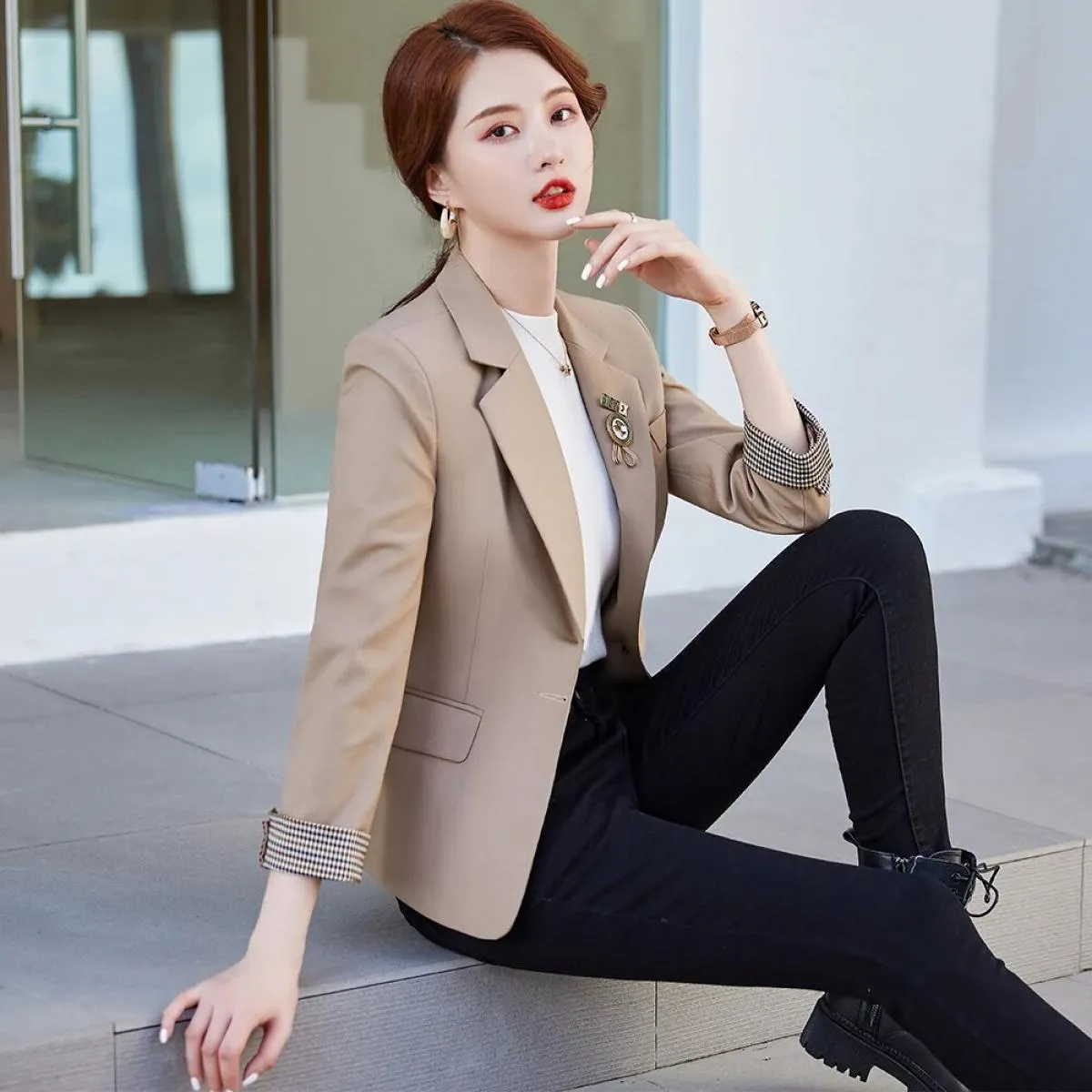 Blazer da donna slim primavera autunno nuovo arrivo moda donna grigio nero albicocca caffè cappotto giacca slim femminile