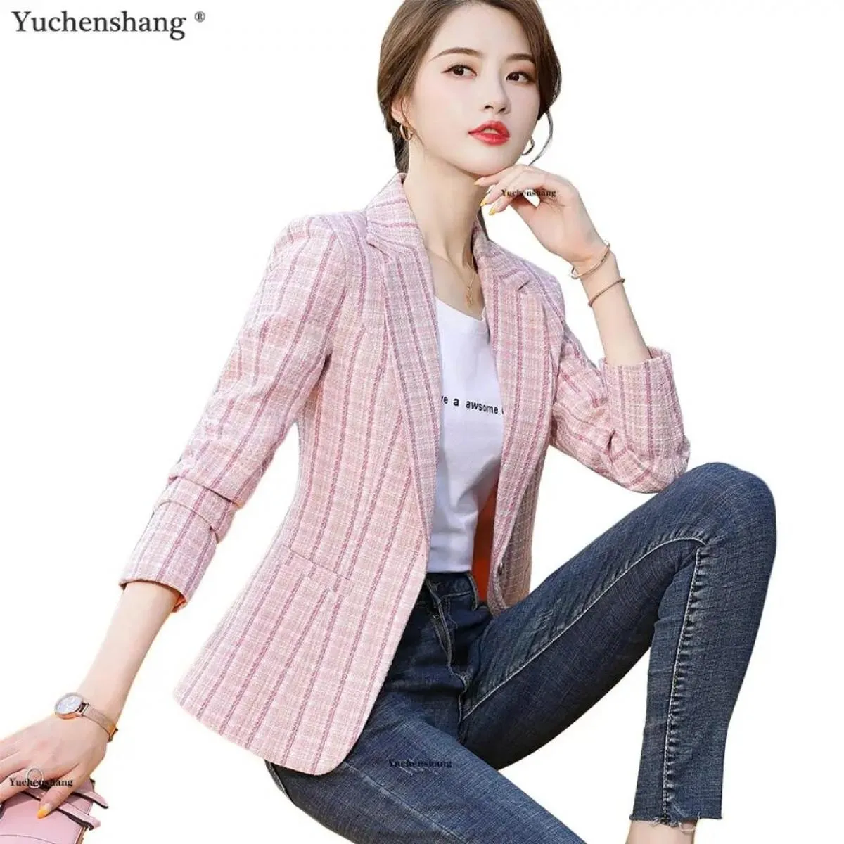Blazer scozzese da donna rosa albicocca Capispalla autunno inverno Giacche casual Cappotto slim da donna con bottone singolo per