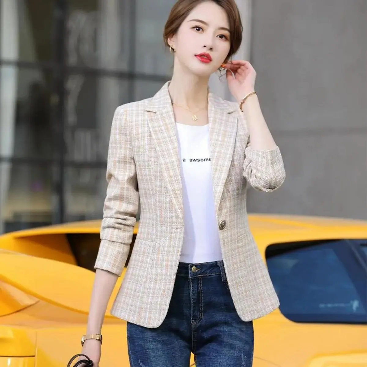 Blazer scozzese da donna rosa albicocca Capispalla autunno inverno Giacche casual Cappotto slim da donna con bottone singolo per