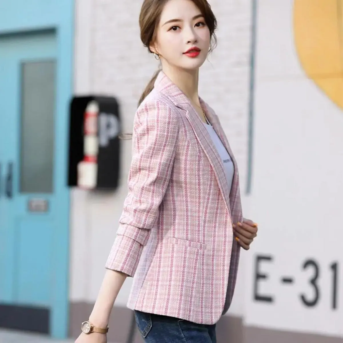 Blazer scozzese da donna rosa albicocca Capispalla autunno inverno Giacche casual Cappotto slim da donna con bottone singolo per