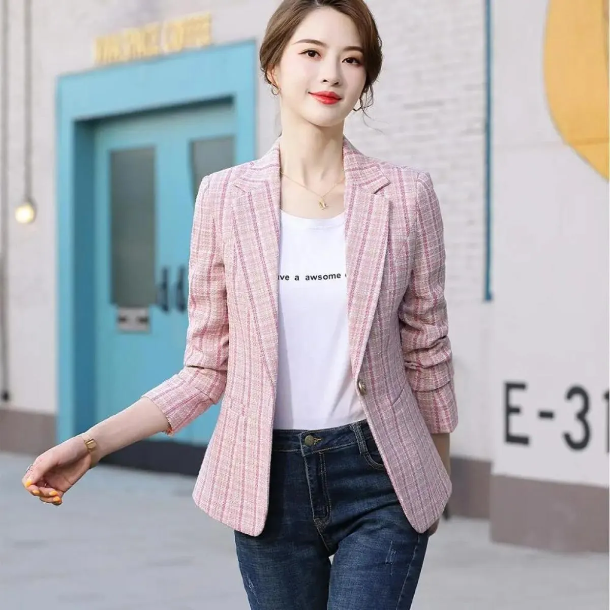 Blazer scozzese da donna rosa albicocca Capispalla autunno inverno Giacche casual Cappotto slim da donna con bottone singolo per