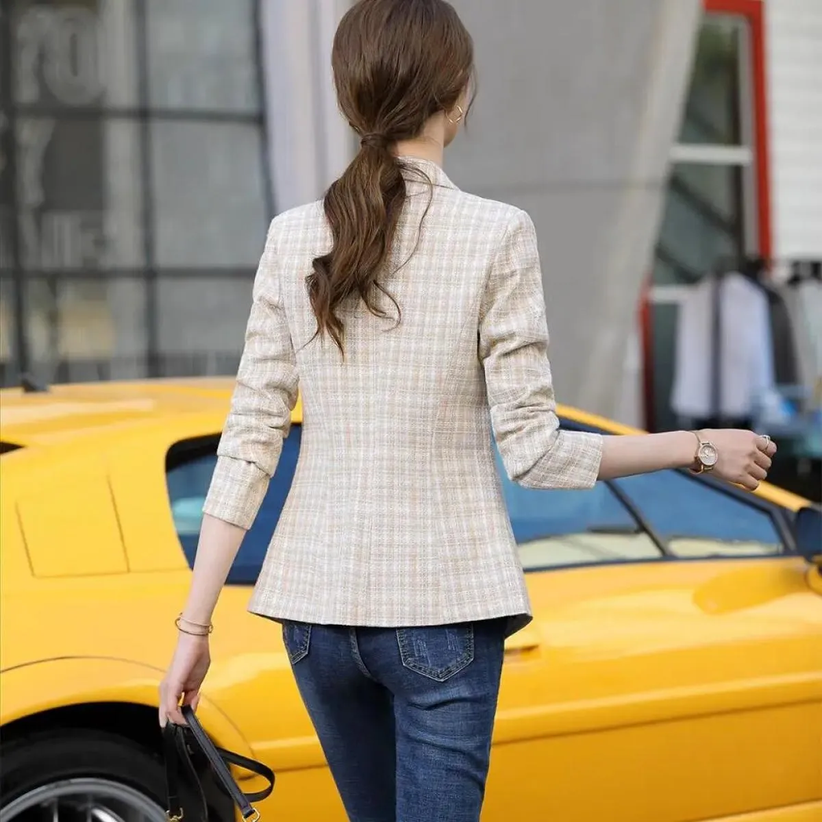 Blazer scozzese da donna rosa albicocca Capispalla autunno inverno Giacche casual Cappotto slim da donna con bottone singolo per