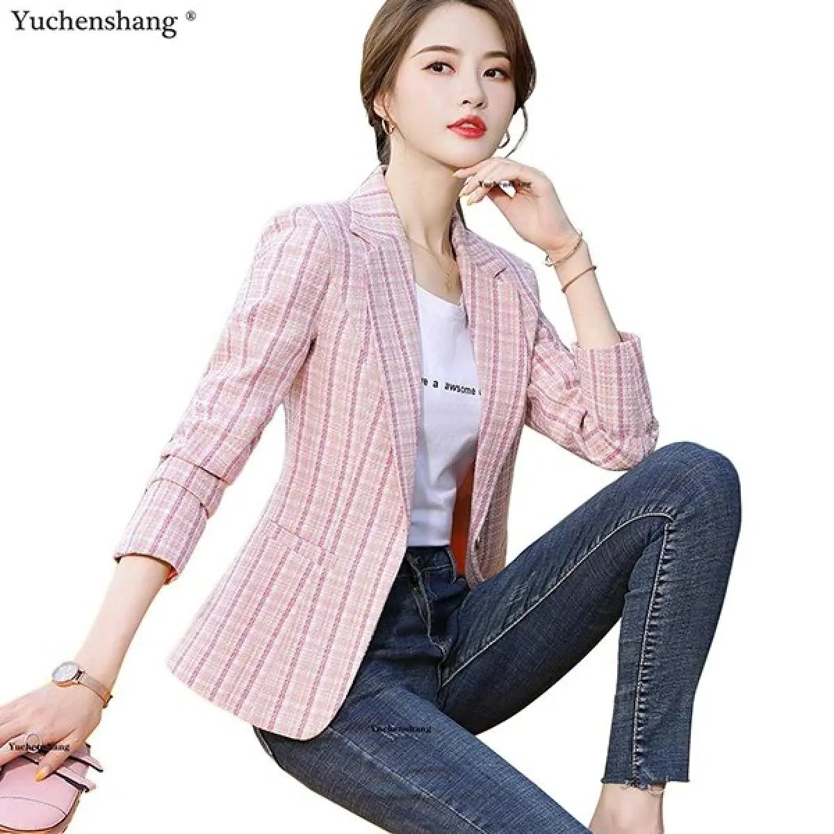 Blazer scozzese da donna rosa albicocca Capispalla autunno inverno Giacche casual Cappotto slim da donna con bottone singolo per