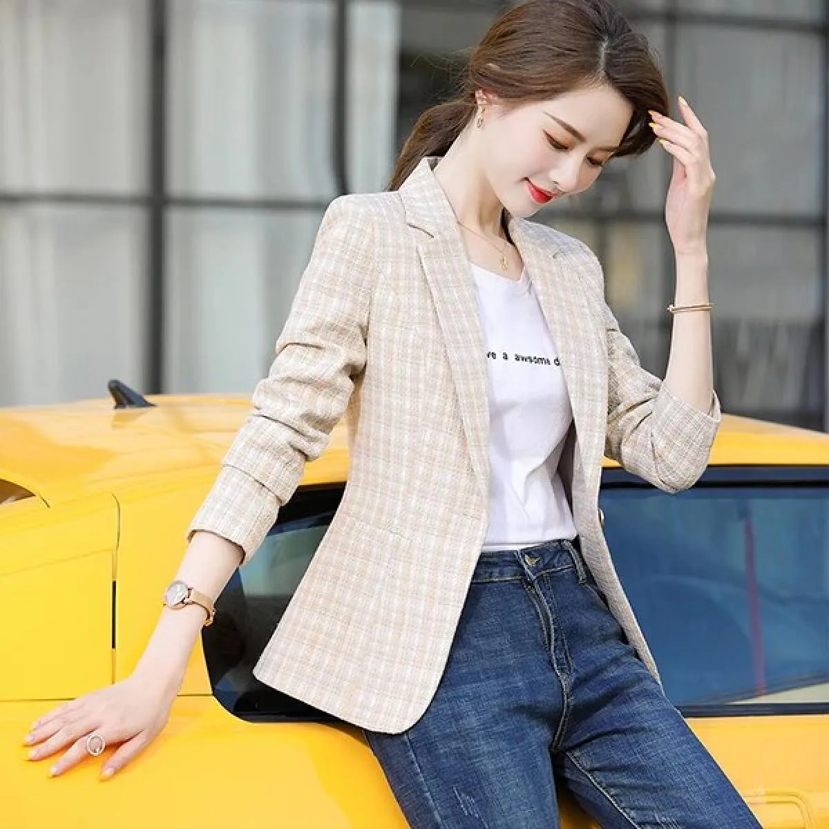 Blazer scozzese da donna rosa albicocca Capispalla autunno inverno Giacche casual Cappotto slim da donna con bottone singolo per
