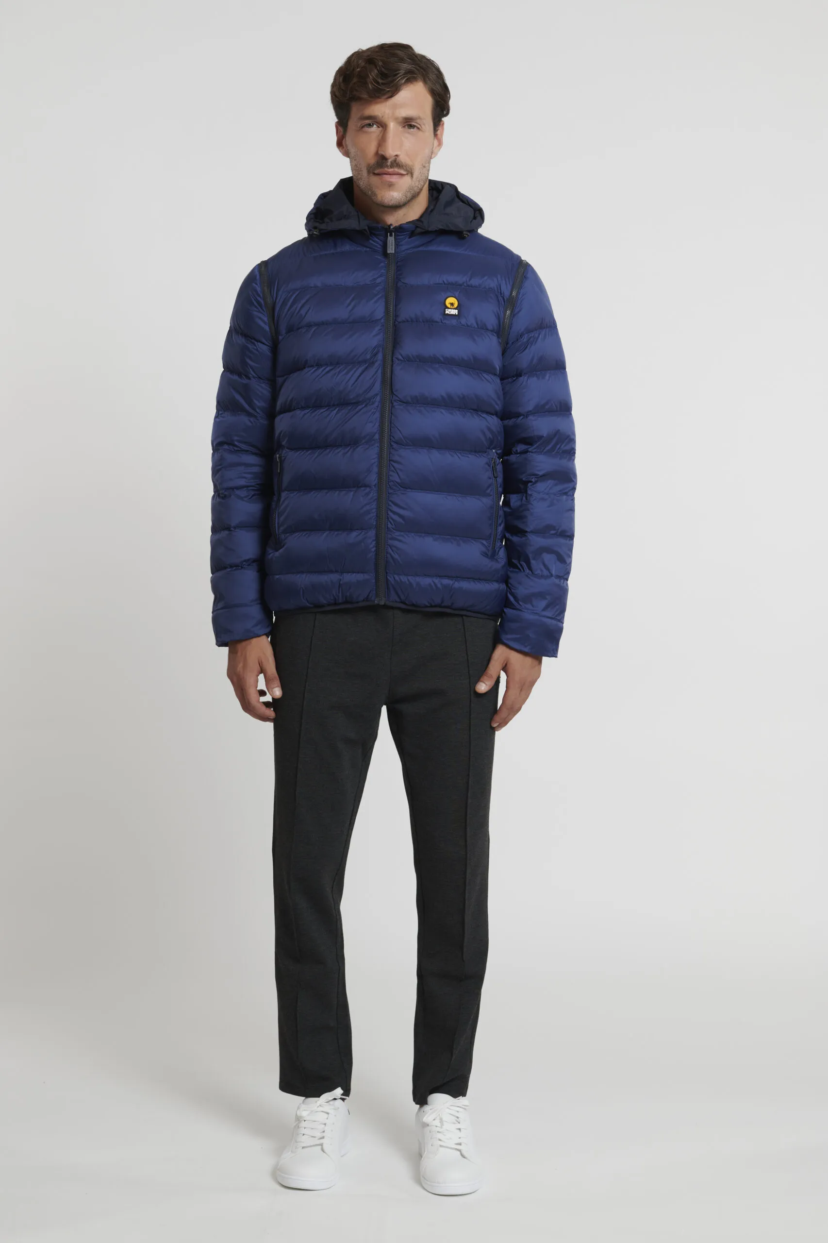 Blue down jacket wearable in 16 ways