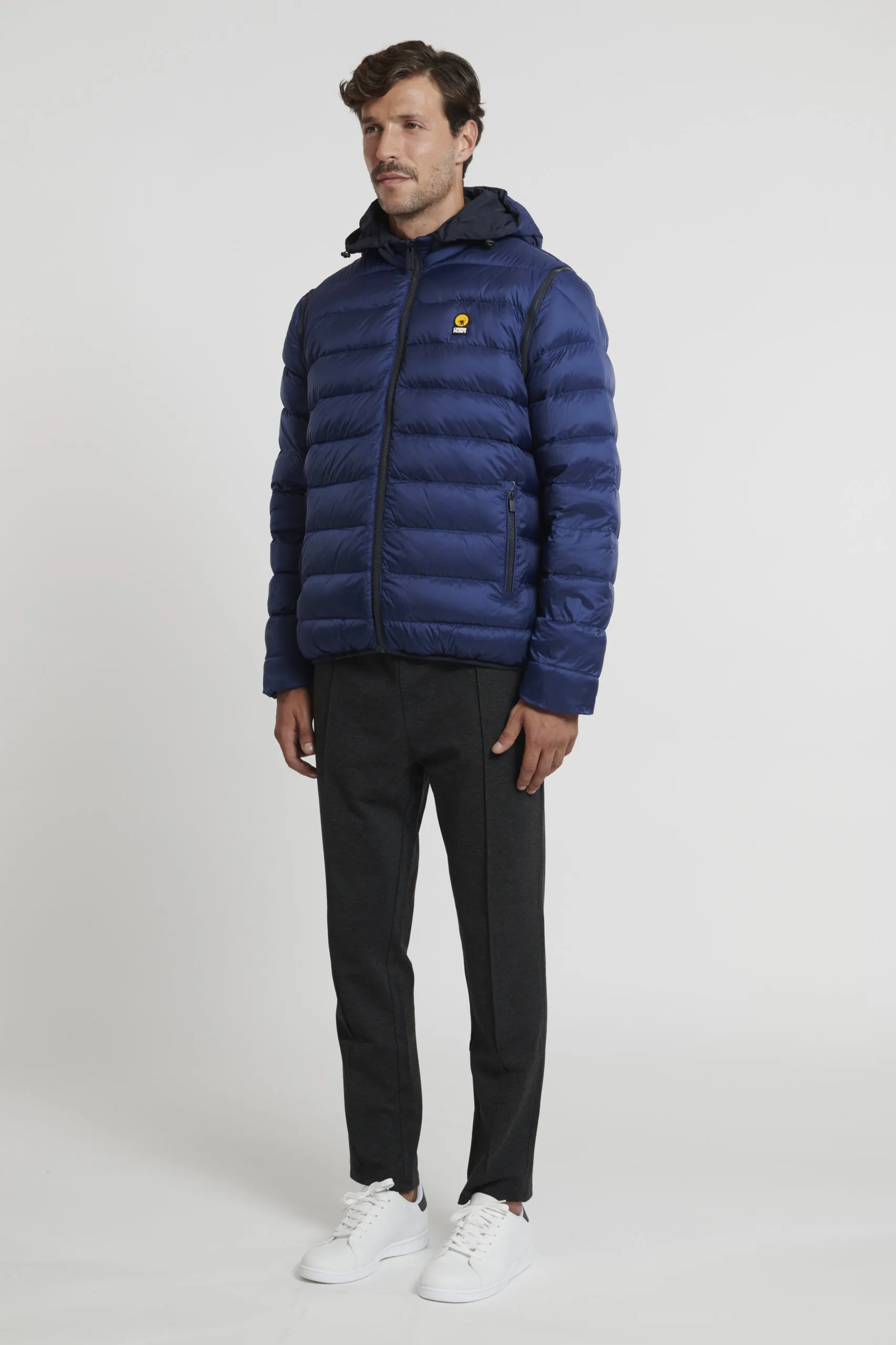 Blue down jacket wearable in 16 ways