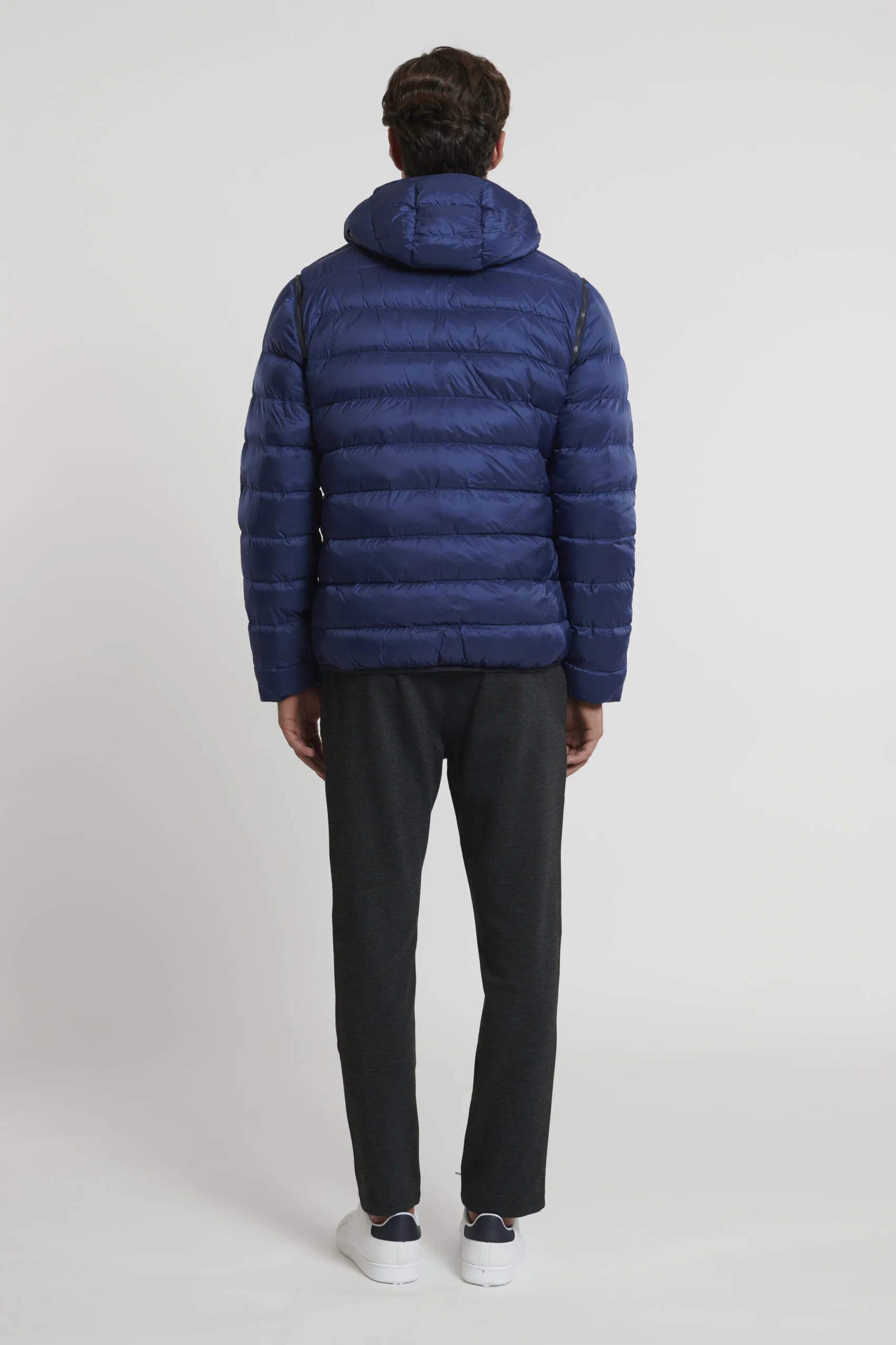 Blue down jacket wearable in 16 ways