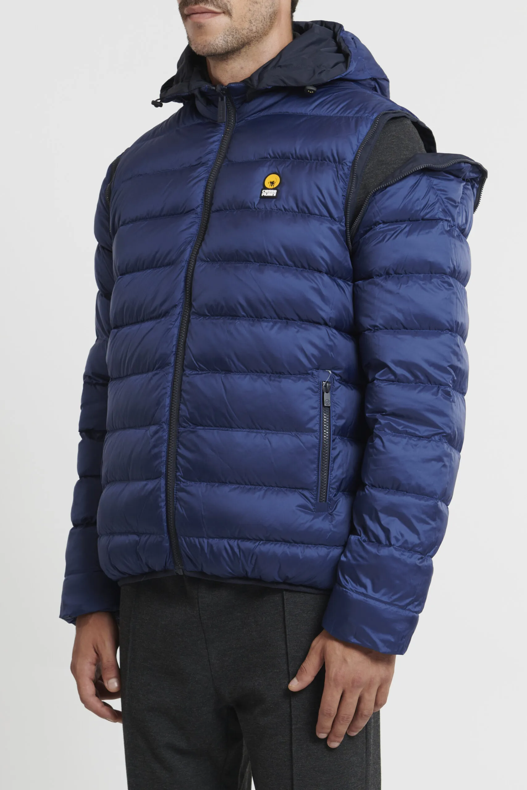 Blue down jacket wearable in 16 ways