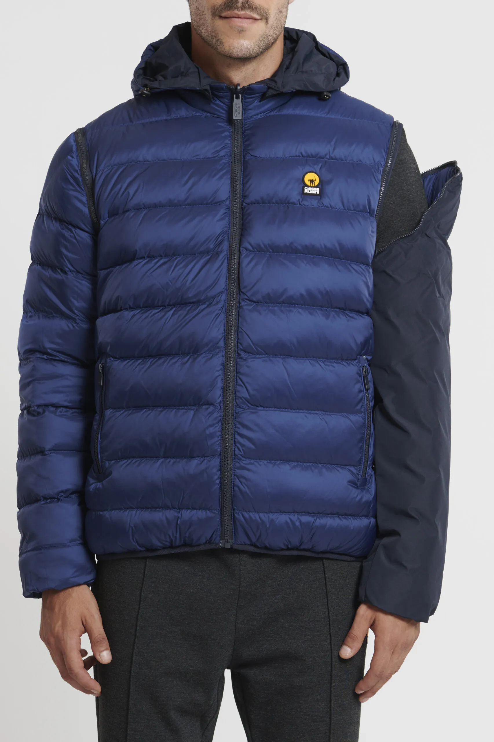 Blue down jacket wearable in 16 ways