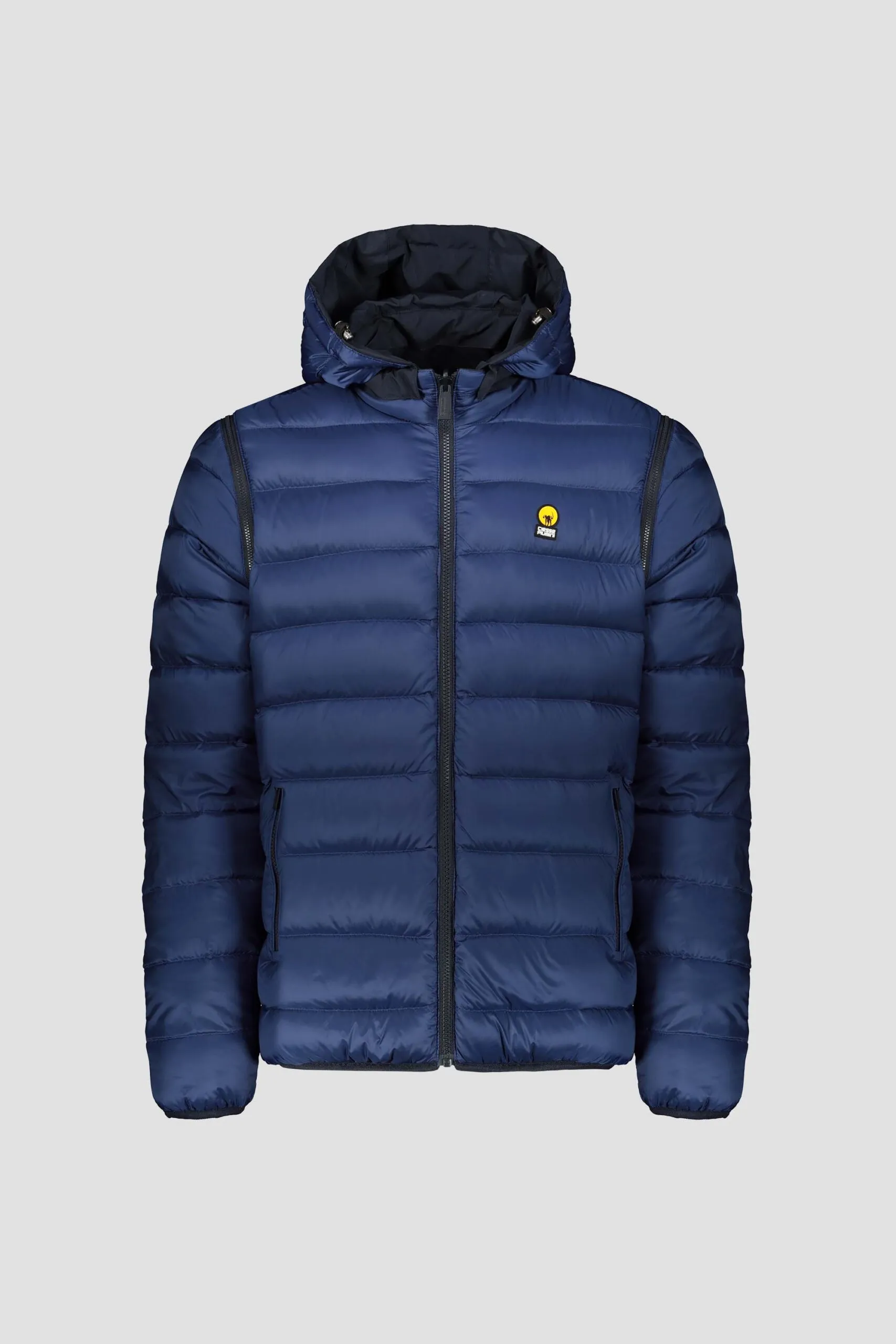 Blue down jacket wearable in 16 ways