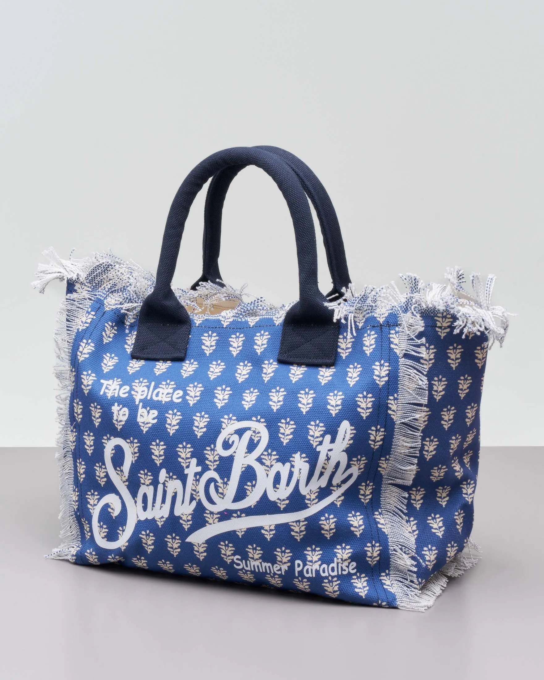 Borsa in canvas di cotone bluette a fantasia ispirazione indiana bianca con scritta manici blu