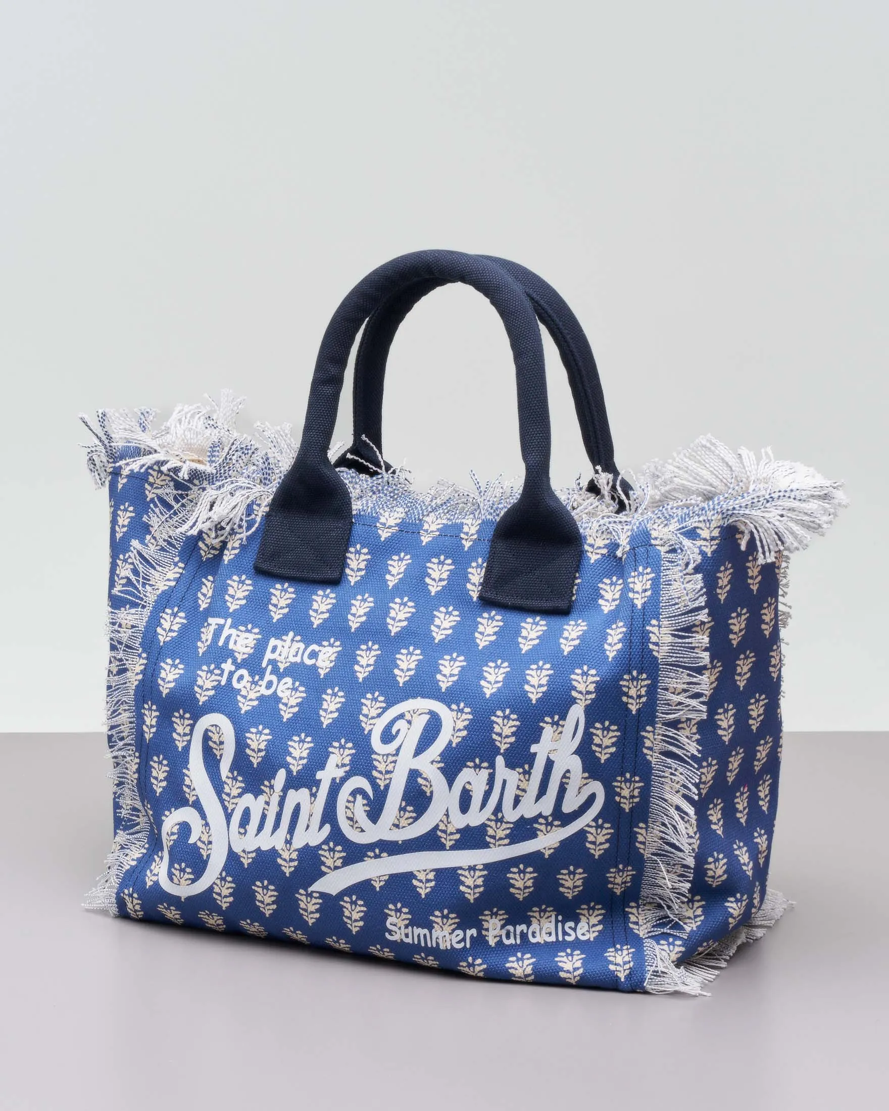 Borsa in canvas di cotone bluette a fantasia ispirazione indiana bianca con scritta manici blu