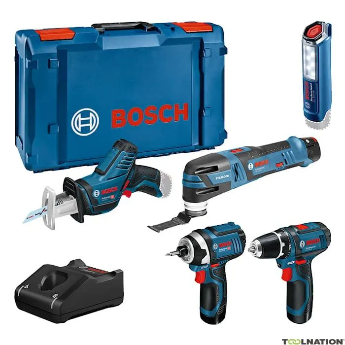 Bosch Professional 0615990N1D 5 Toolkit 12V - trapano a batteria + sega alternativa + avvitatore a percussione + multiutensile +
