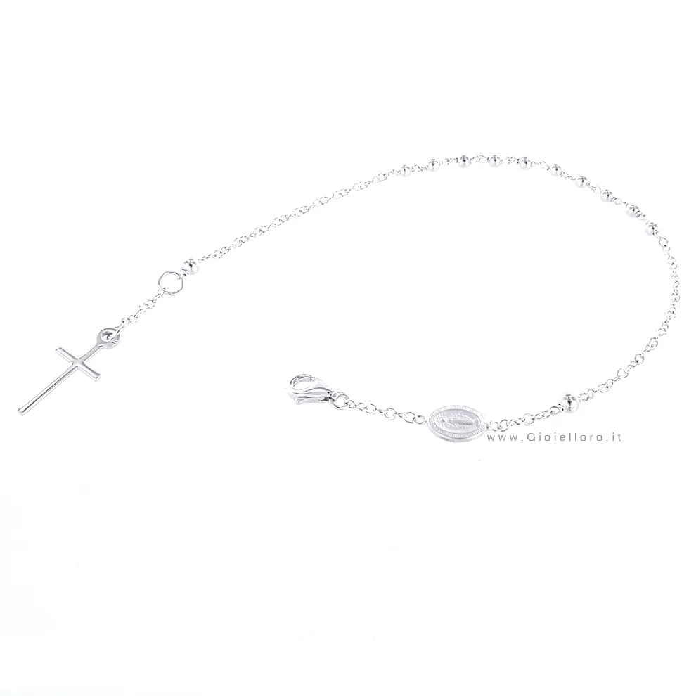 Bracciale Rosario in oro bianco con medaglia Madonna Miracolosa e croce