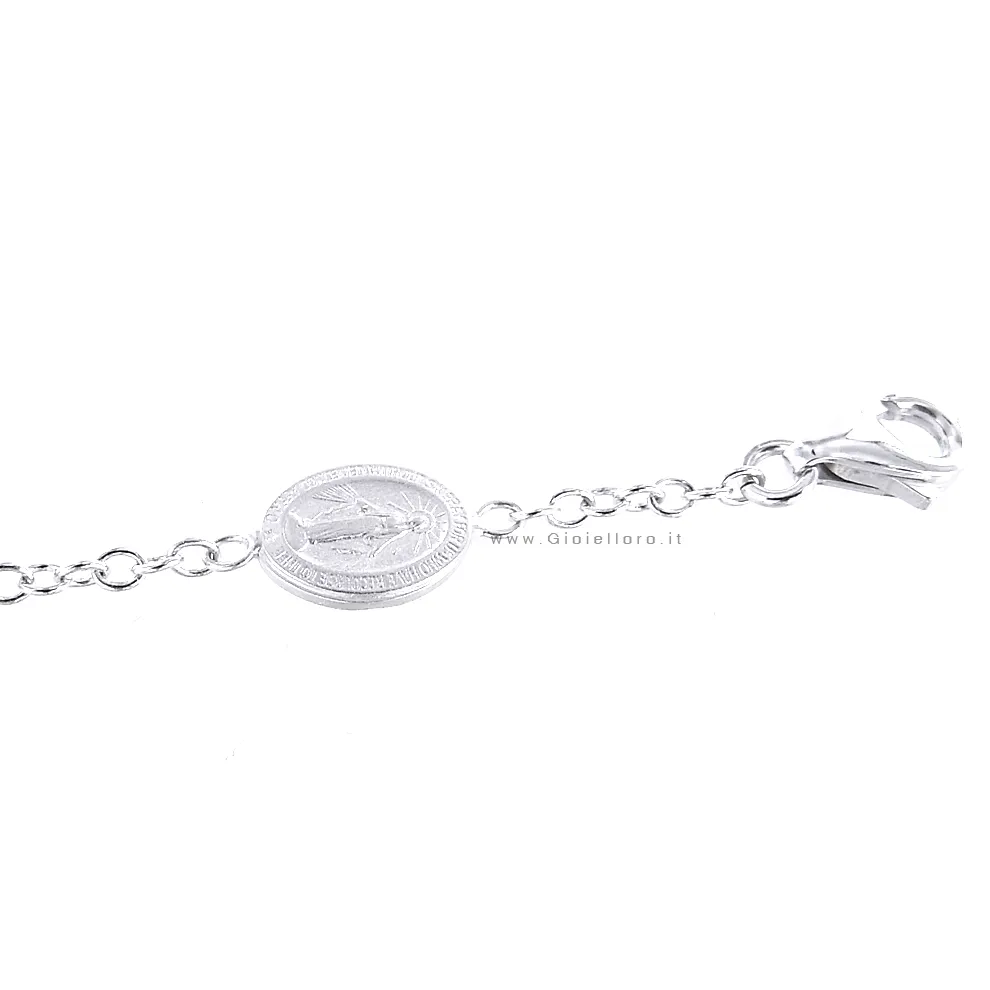 Bracciale Rosario in oro bianco con medaglia Madonna Miracolosa e croce
