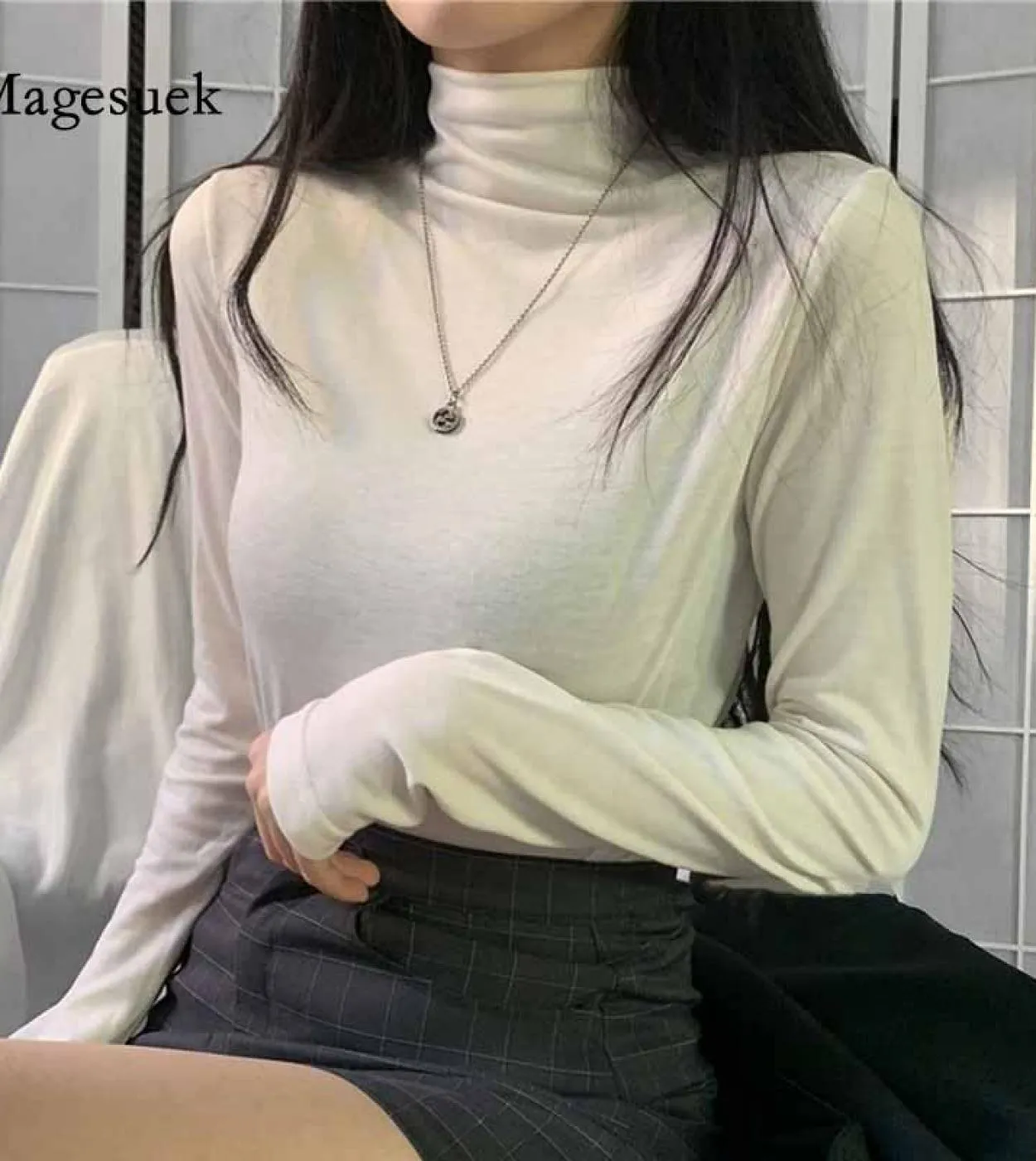 Camicetta calda a mezza dolcevita in cotone Autunno Inverno Camicie da donna con fondo sottile Camicette Camicia bianca a manich