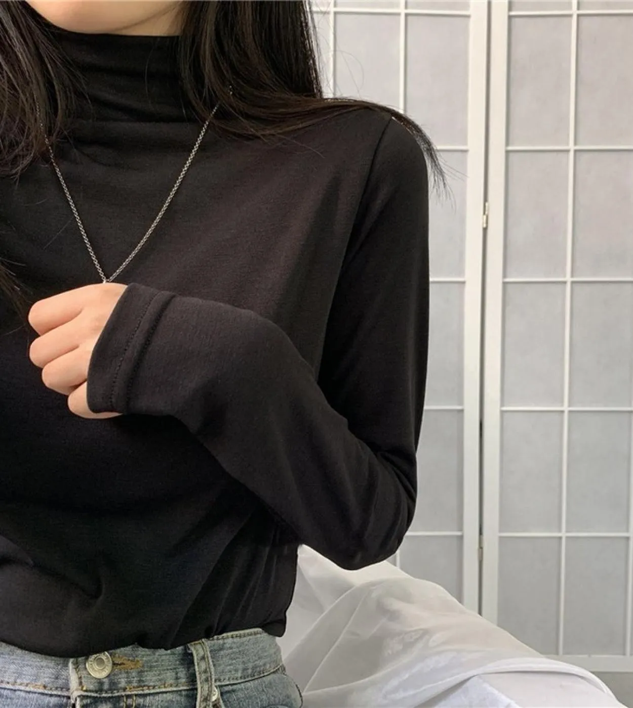 Camicetta calda a mezza dolcevita in cotone Autunno Inverno Camicie da donna con fondo sottile Camicette Camicia bianca a manich