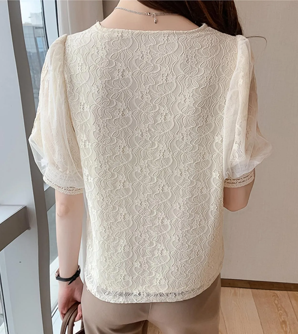 Camicetta estiva con scollo a V elegante Camicia elegante con fiori in pizzo albicocca Donna Top Abiti manica corta a sbuffo Blu