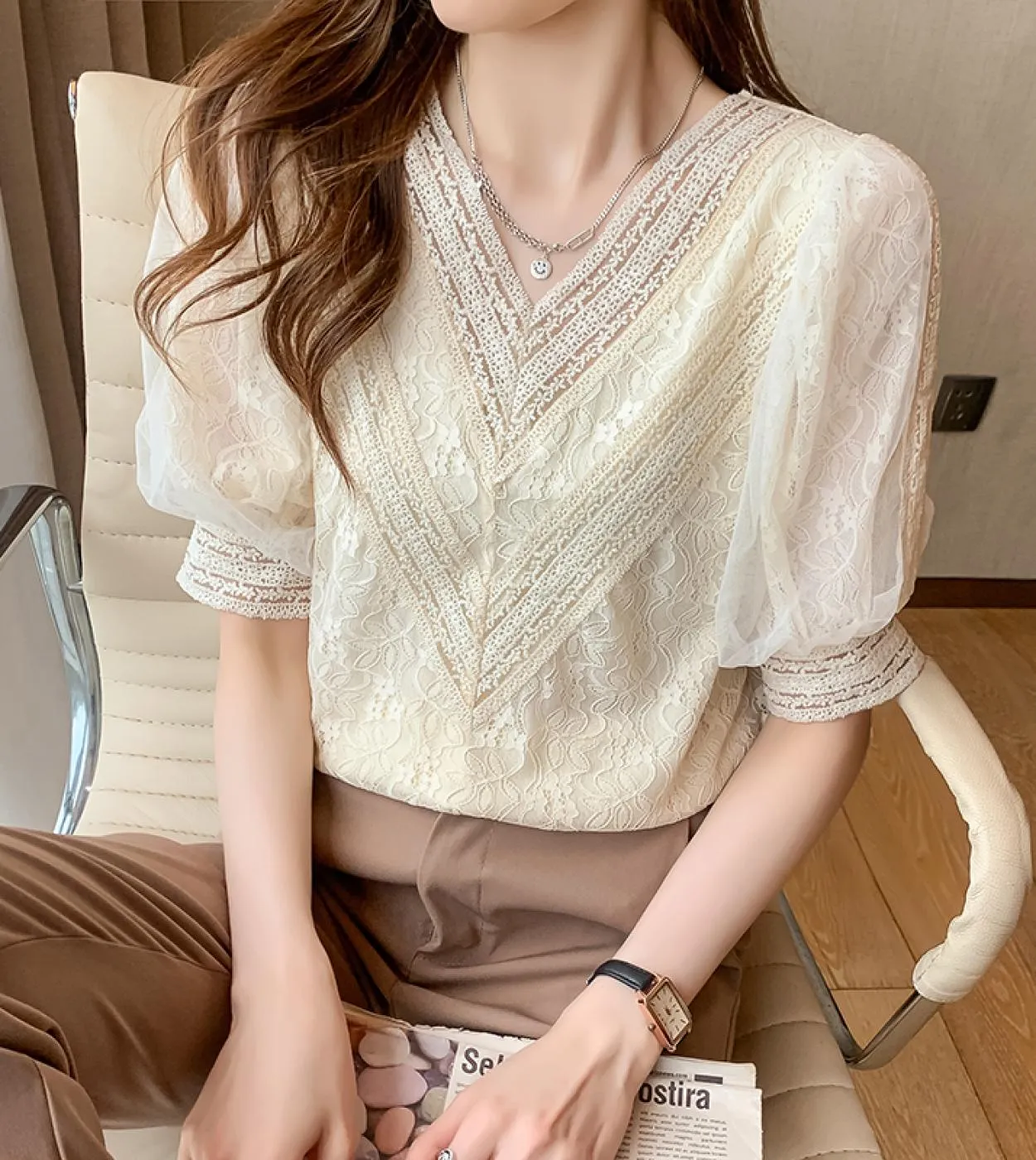 Camicetta estiva con scollo a V elegante Camicia elegante con fiori in pizzo albicocca Donna Top Abiti manica corta a sbuffo Blu