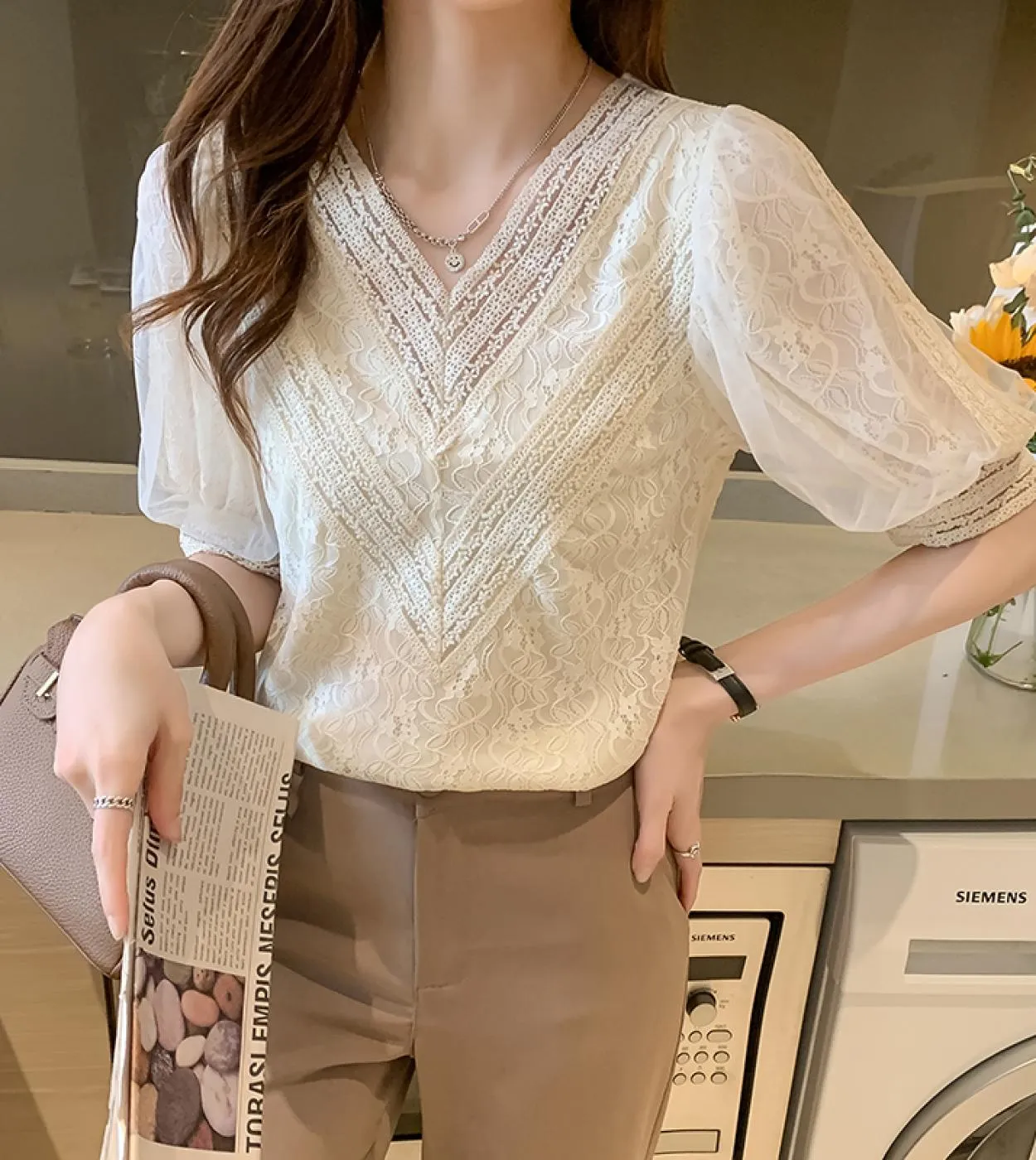Camicetta estiva con scollo a V elegante Camicia elegante con fiori in pizzo albicocca Donna Top Abiti manica corta a sbuffo Blu