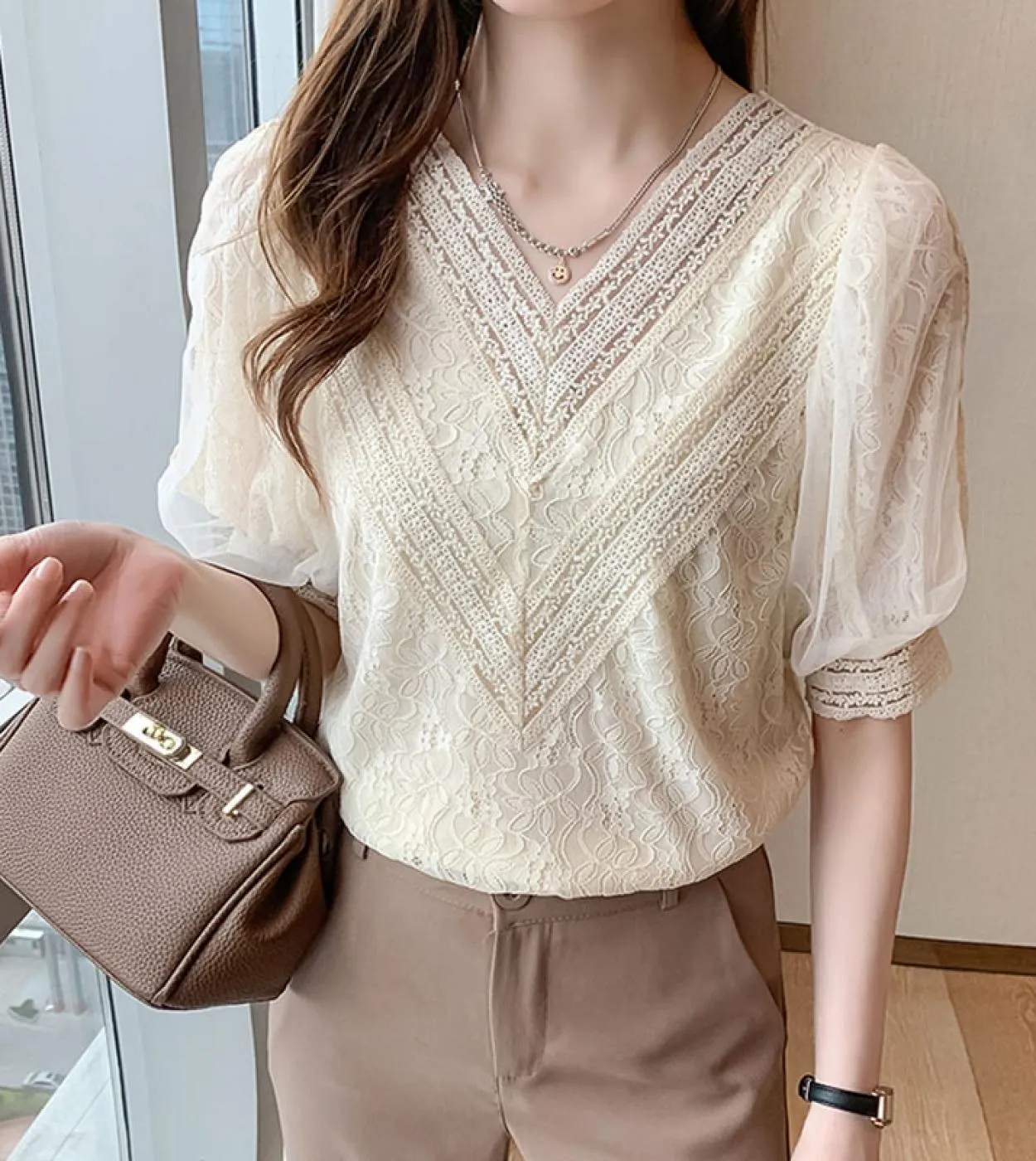 Camicetta estiva con scollo a V elegante Camicia elegante con fiori in pizzo albicocca Donna Top Abiti manica corta a sbuffo Blu