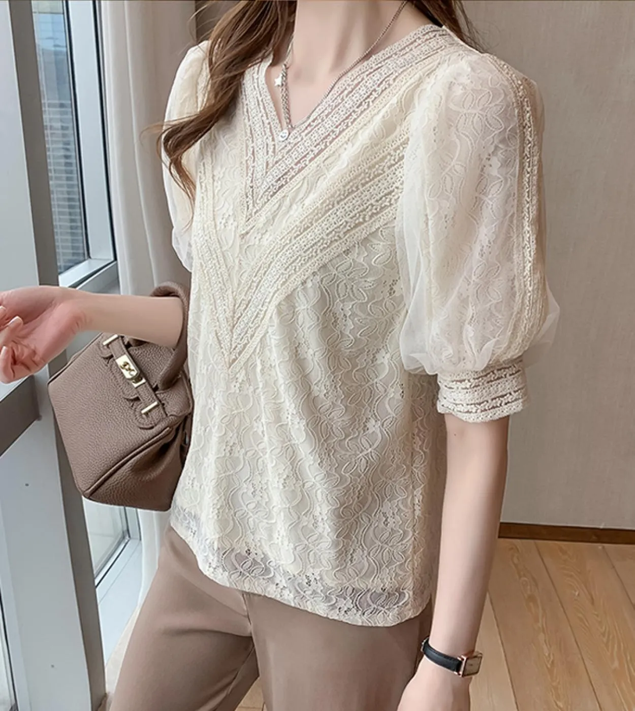 Camicetta estiva con scollo a V elegante Camicia elegante con fiori in pizzo albicocca Donna Top Abiti manica corta a sbuffo Blu