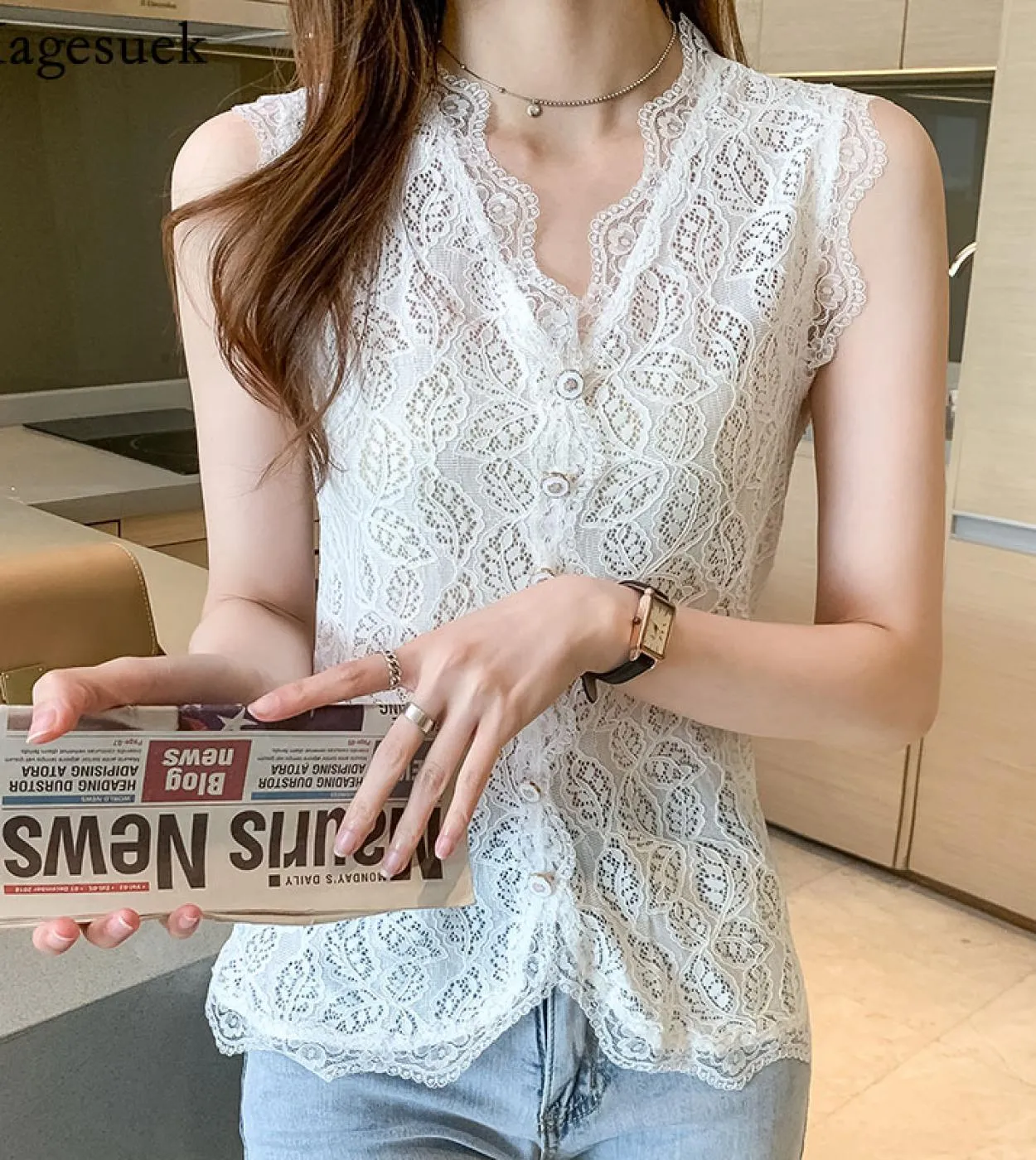 Camicetta in maglia di pizzo ricamato estivo Elegante camicia a maniche lunghe con scollo a V Slim da donna Elegante camicia flo