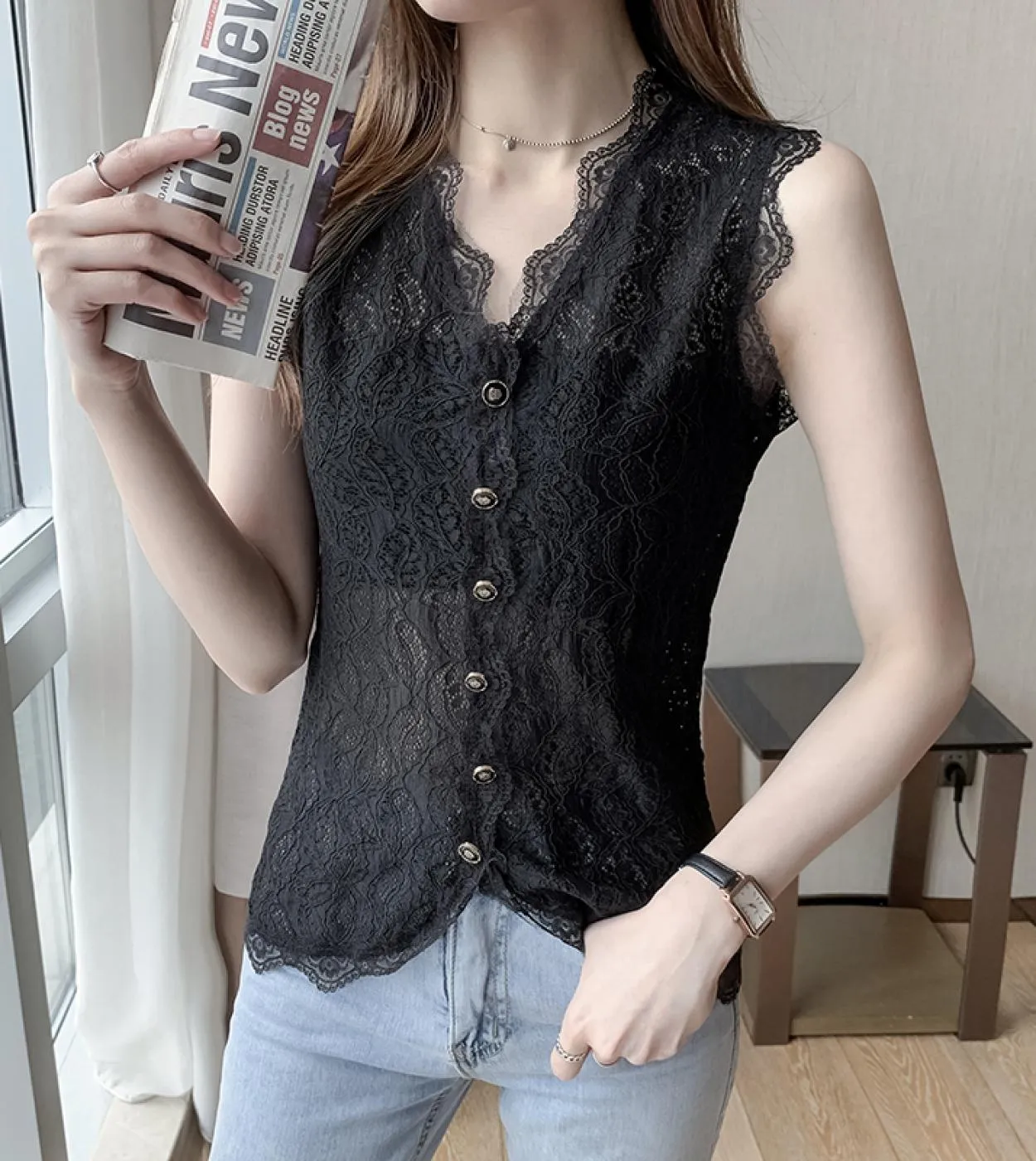 Camicetta in maglia di pizzo ricamato estivo Elegante camicia a maniche lunghe con scollo a V Slim da donna Elegante camicia flo